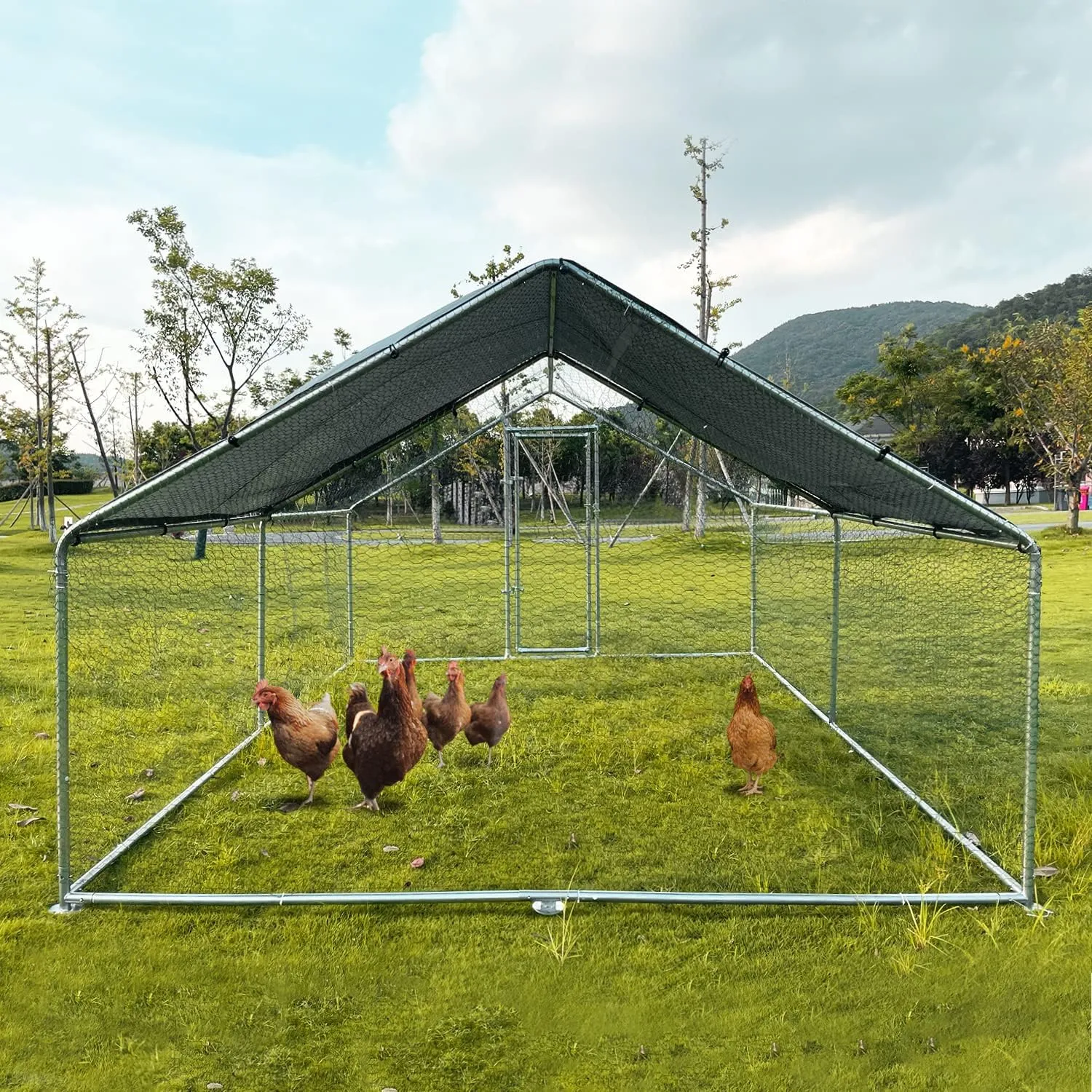 Large Metal Chicken Coop Walk-in Poultry Cage Chicken Run Pen Dog Kennel with Waterproof and Anti-Ultraviolet Cover for Outdoor Farm Use (9.8' L x 13.1' W x 6.4' H)