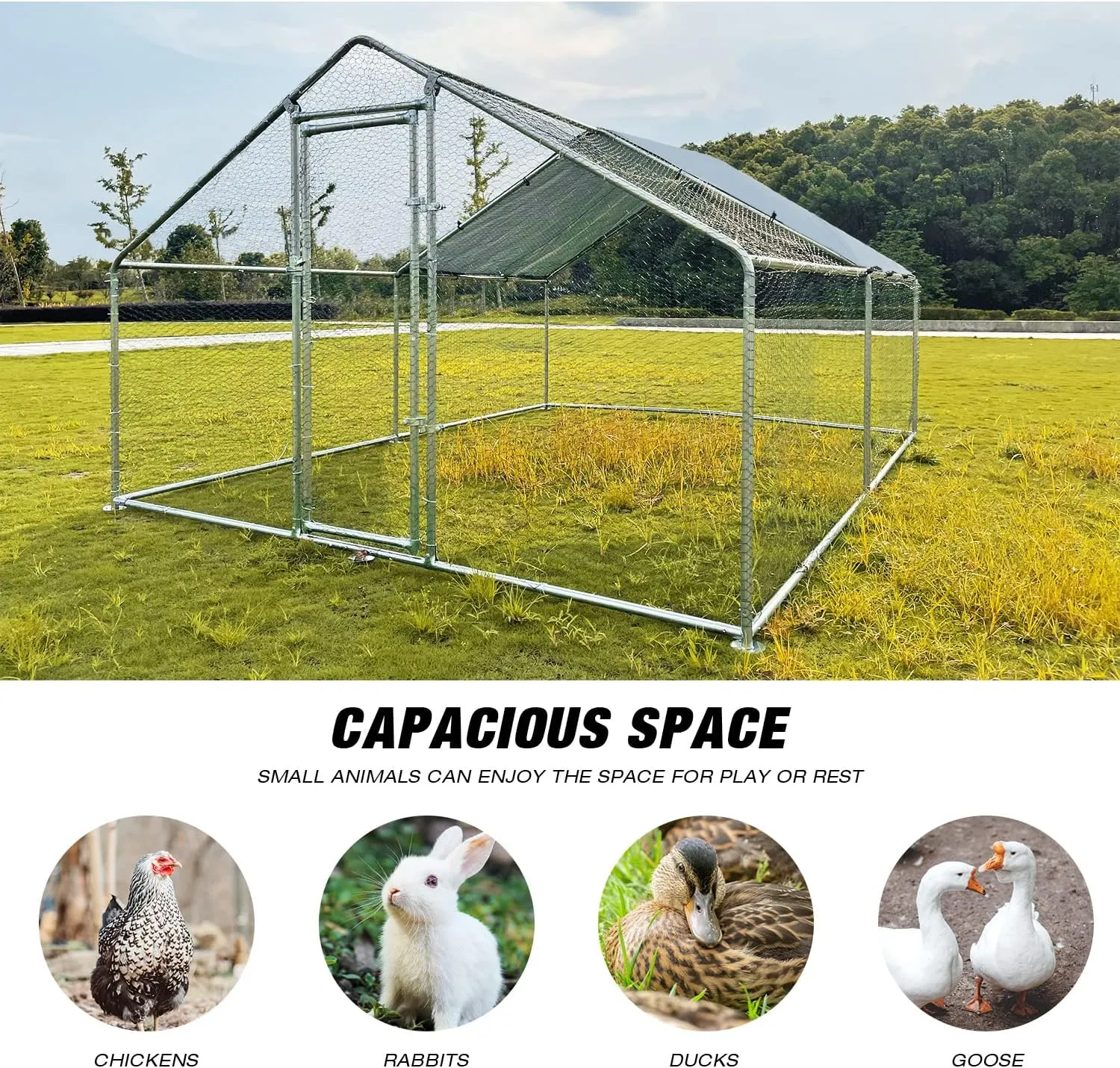 Large Metal Chicken Coop Walk-in Poultry Cage Chicken Run Pen Dog Kennel with Waterproof and Anti-Ultraviolet Cover for Outdoor Farm Use (9.8' L x 13.1' W x 6.4' H)