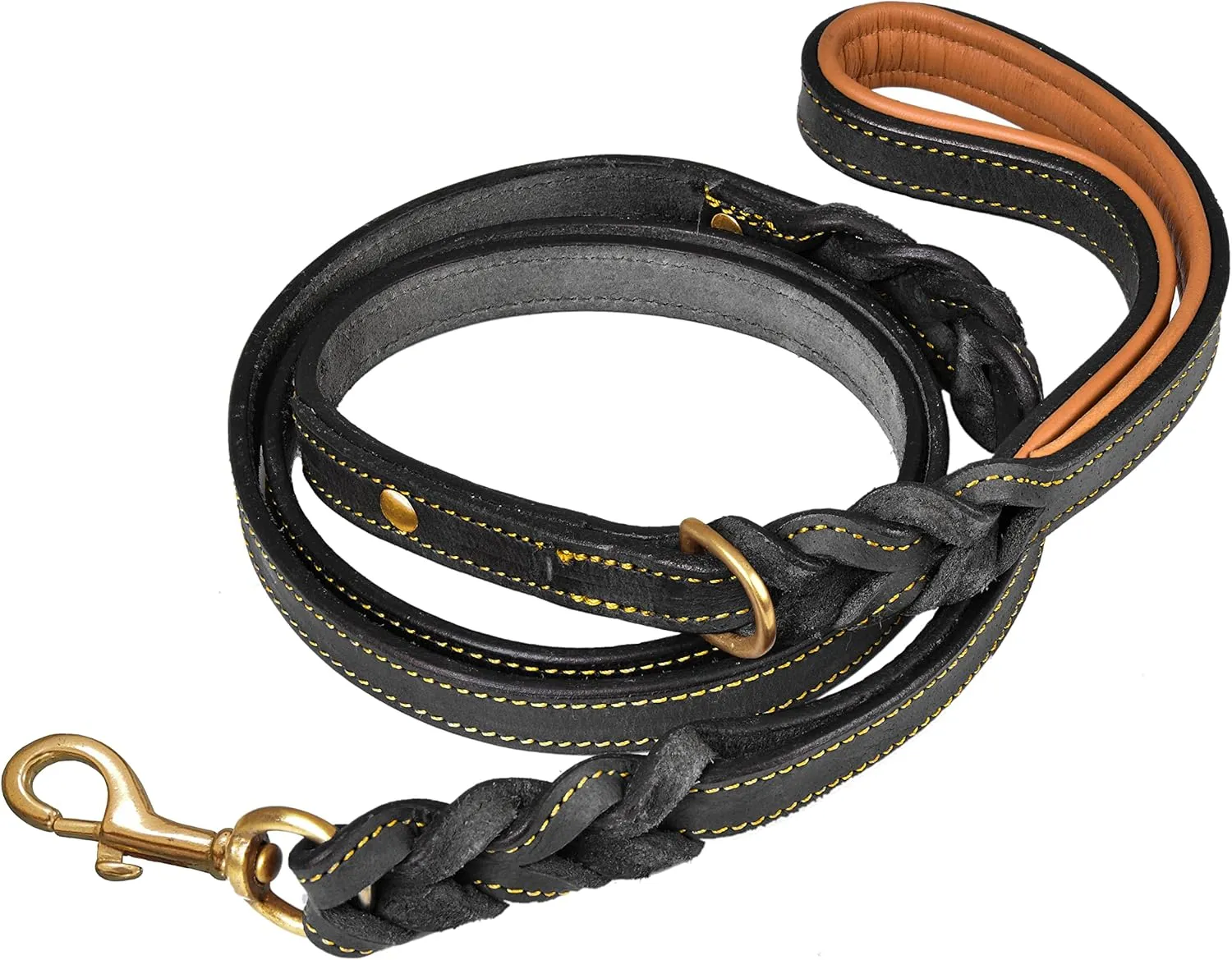 Leather Dog Leash  6ft x  Inch, Dual Handle with Soft Padded Grip, Hand-Braided Full Grain Leather for Medium to XL Dogs  Heavy Duty Leash with Traffic Control Handle (Black with D Ring)