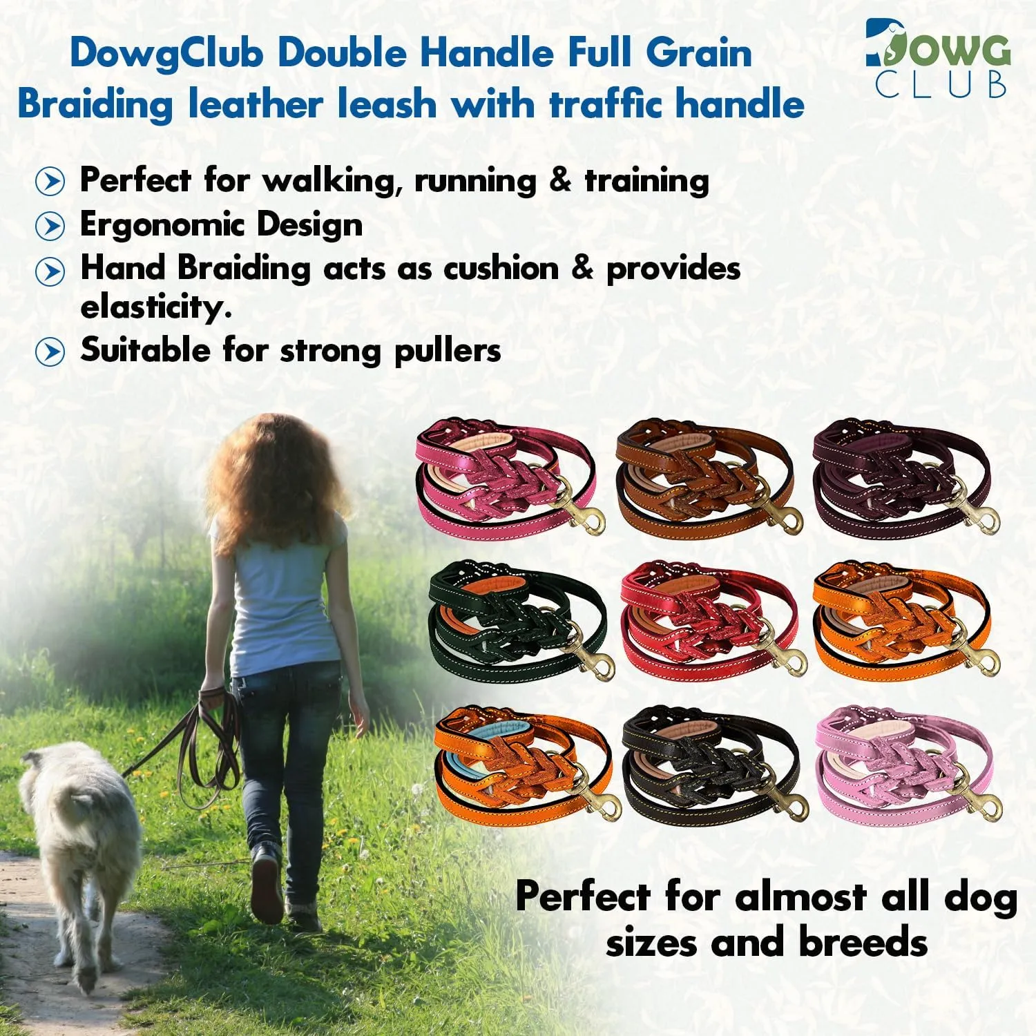 Leather Dog Leash  6ft x  Inch, Dual Handle with Soft Padded Grip, Hand-Braided Full Grain Leather for Medium to XL Dogs  Heavy Duty Leash with Traffic Control Handle (Black with D Ring)