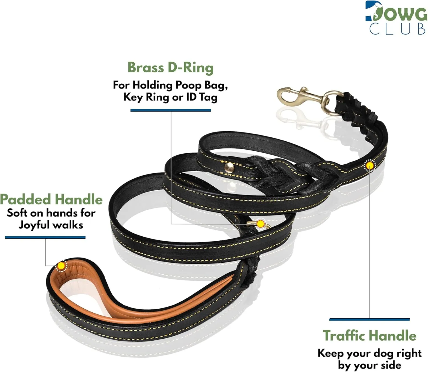 Leather Dog Leash  6ft x  Inch, Dual Handle with Soft Padded Grip, Hand-Braided Full Grain Leather for Medium to XL Dogs  Heavy Duty Leash with Traffic Control Handle (Black with D Ring)