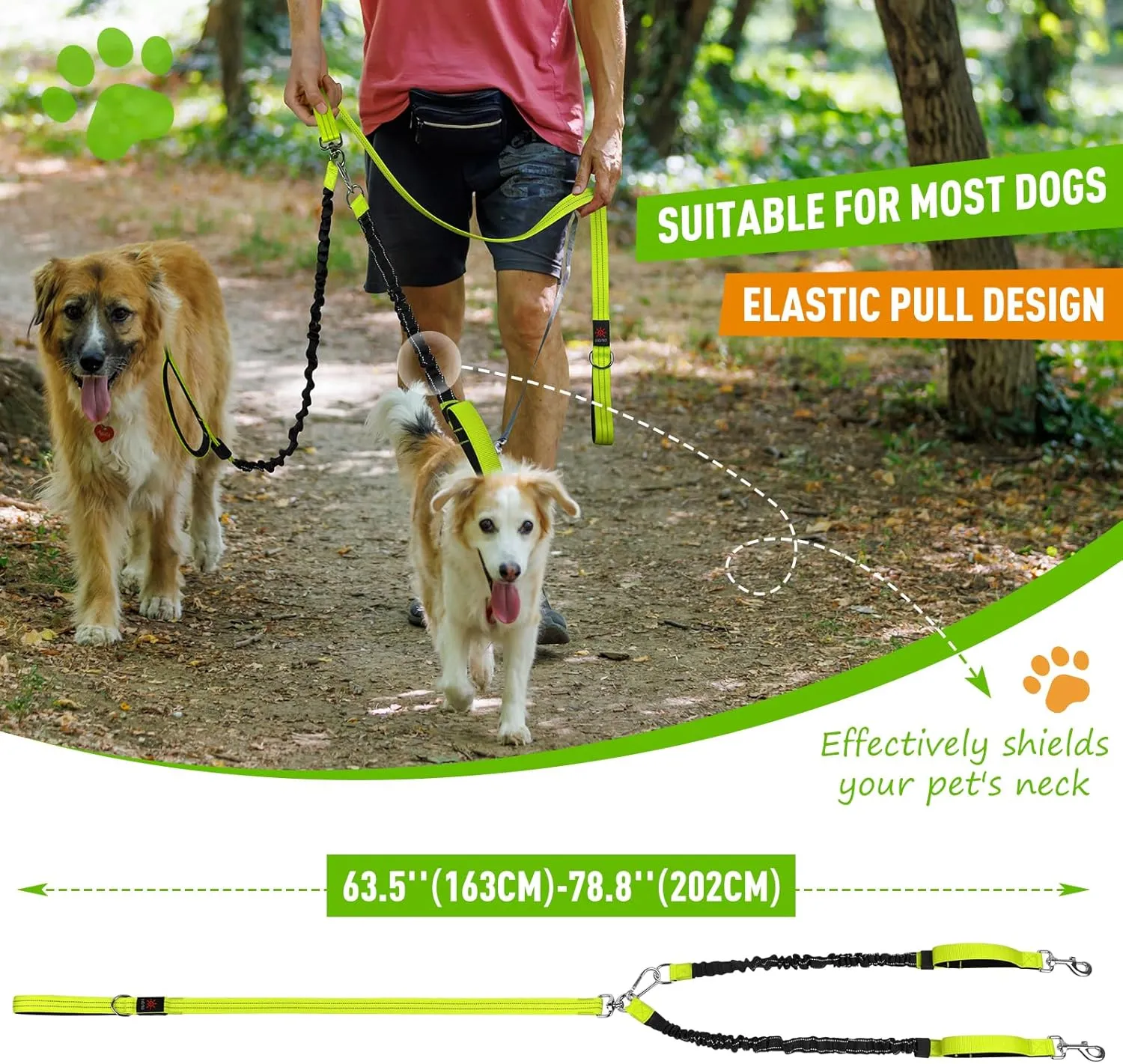 LED Double Dog Leash, 360 Swivel Dual Dog Walking Leash, Comfortable Shock Absorbing Lead for Dog, Reflective Removable Bungee for Two Dogs