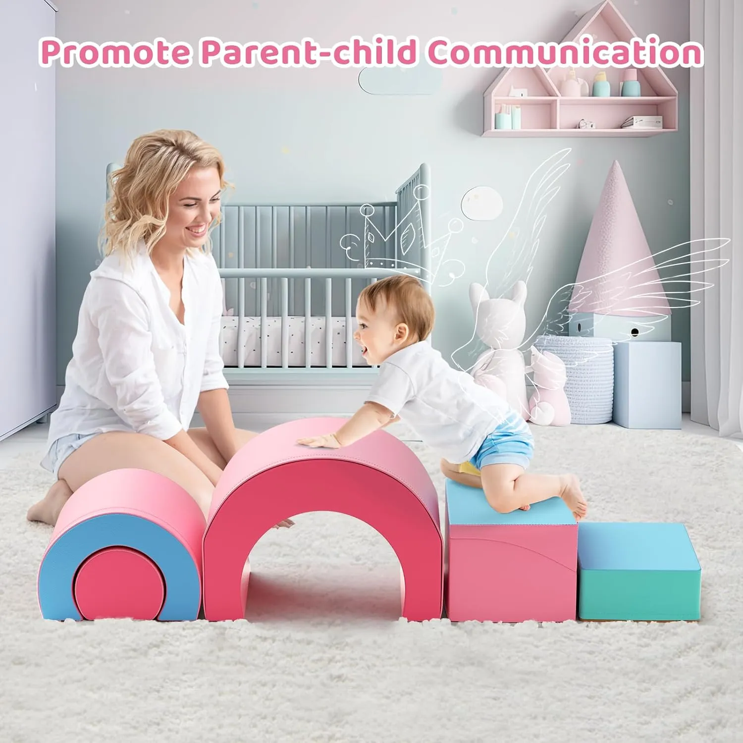 Lischwert Foam Climbing Blocks, Soft Climbing Toys for Toddlers, 5 Pieces Crawl and Climb Foam Playset with Foldable Block and Tunnel, Indoor Climber Activity Play Set for Kids Age 1 (Pink Blue)