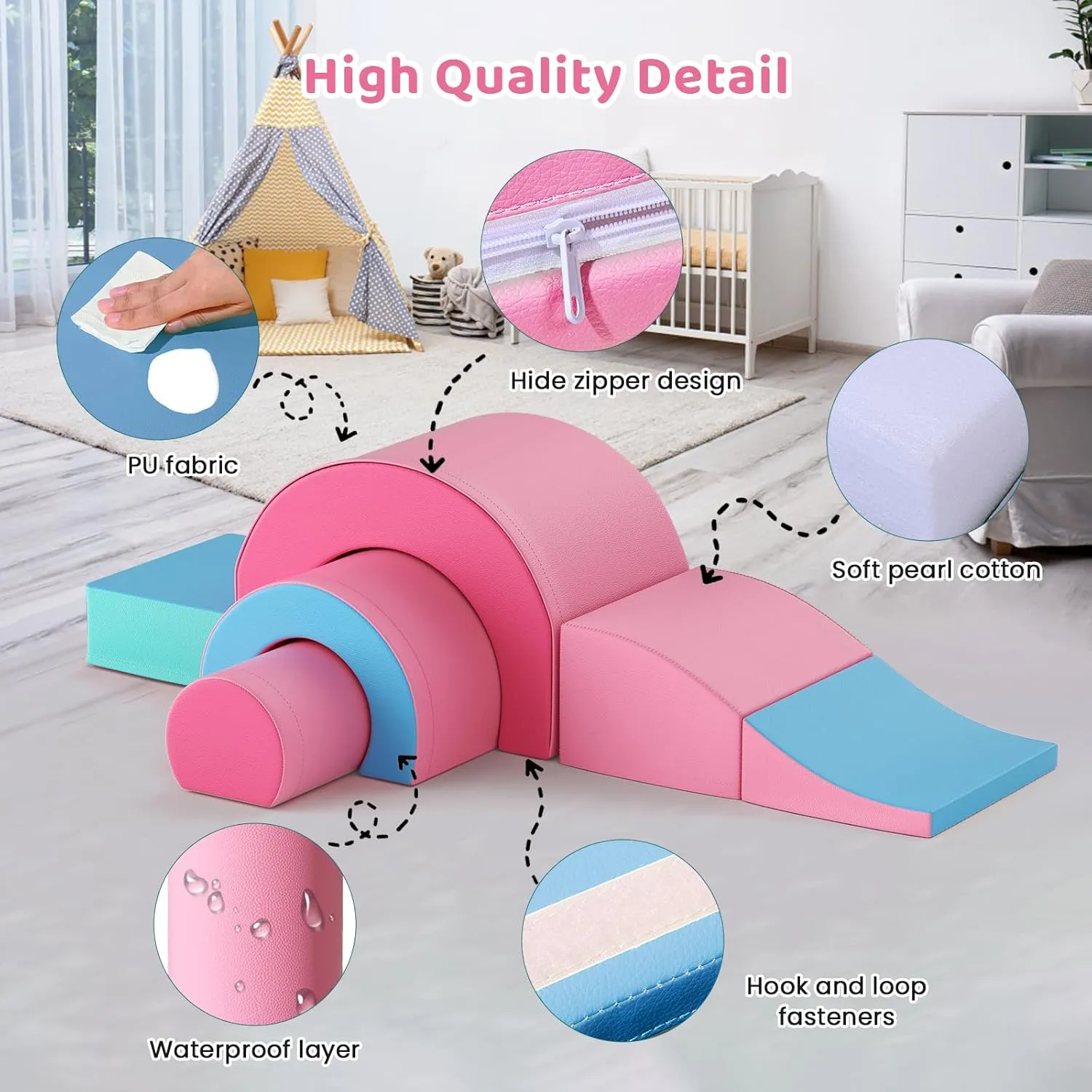 Lischwert Foam Climbing Blocks, Soft Climbing Toys for Toddlers, 5 Pieces Crawl and Climb Foam Playset with Foldable Block and Tunnel, Indoor Climber Activity Play Set for Kids Age 1 (Pink Blue)