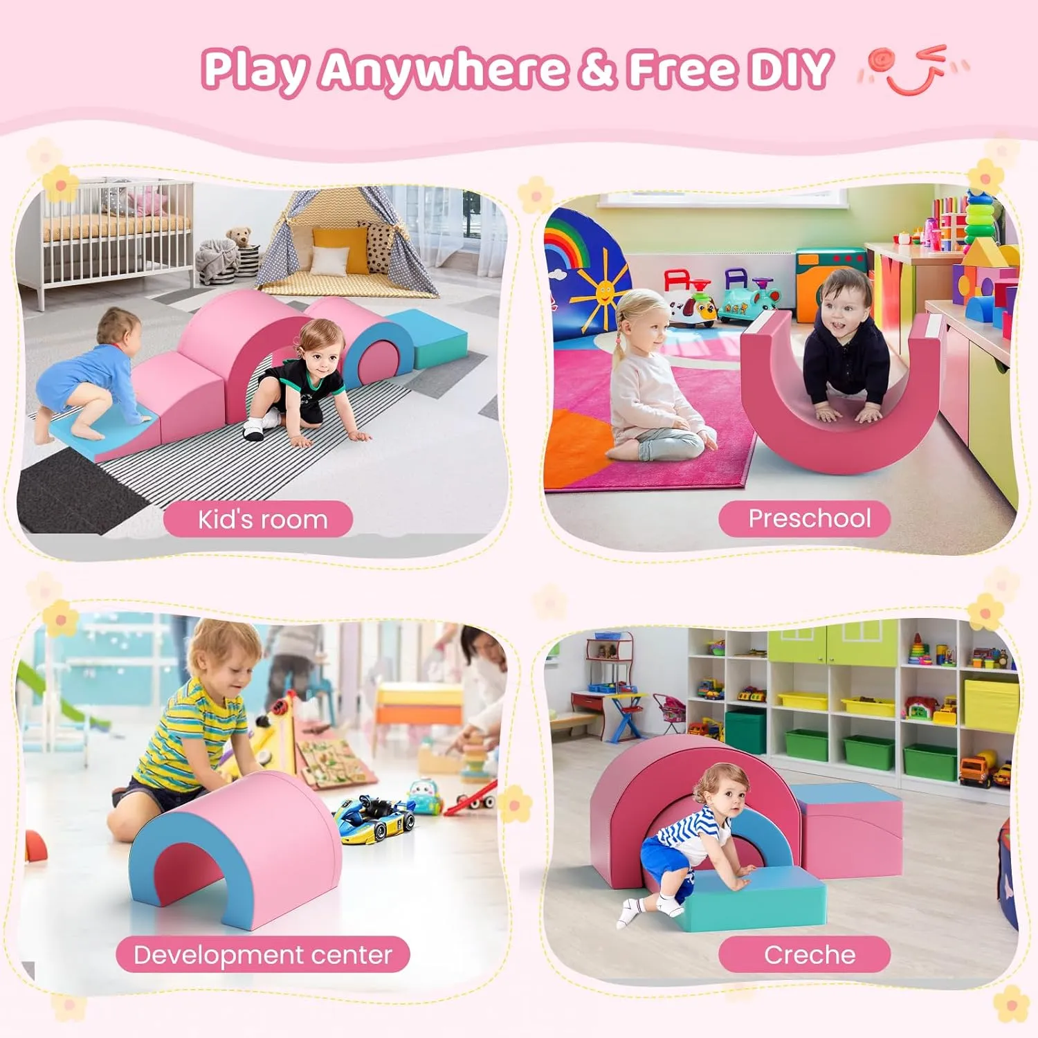 Lischwert Foam Climbing Blocks, Soft Climbing Toys for Toddlers, 5 Pieces Crawl and Climb Foam Playset with Foldable Block and Tunnel, Indoor Climber Activity Play Set for Kids Age 1 (Pink Blue)