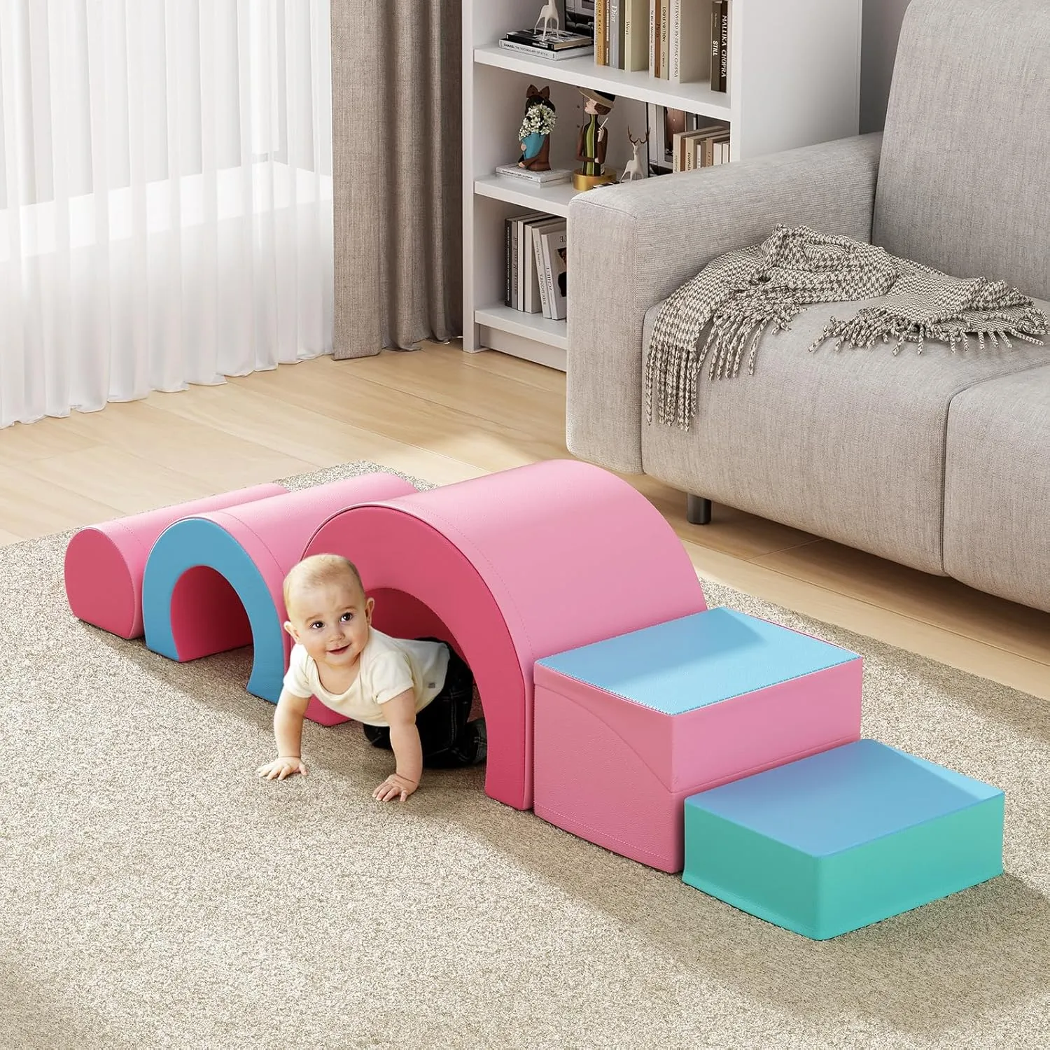 Lischwert Foam Climbing Blocks, Soft Climbing Toys for Toddlers, 5 Pieces Crawl and Climb Foam Playset with Foldable Block and Tunnel, Indoor Climber Activity Play Set for Kids Age 1 (Pink Blue)