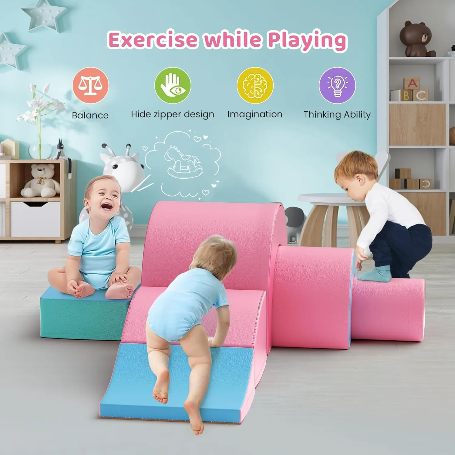 Lischwert Foam Climbing Blocks, Soft Climbing Toys for Toddlers, 5 Pieces Crawl and Climb Foam Playset with Foldable Block and Tunnel, Indoor Climber Activity Play Set for Kids Age 1 (Pink Blue)