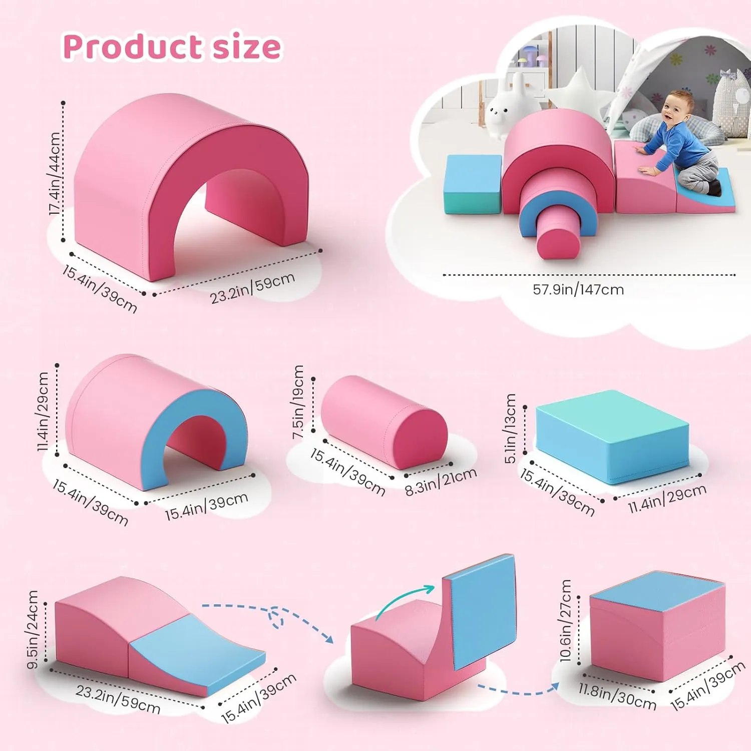 Lischwert Foam Climbing Blocks, Soft Climbing Toys for Toddlers, 5 Pieces Crawl and Climb Foam Playset with Foldable Block and Tunnel, Indoor Climber Activity Play Set for Kids Age 1 (Pink Blue)