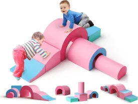 Lischwert Foam Climbing Blocks, Soft Climbing Toys for Toddlers, 5 Pieces Crawl and Climb Foam Playset with Foldable Block and Tunnel, Indoor Climber Activity Play Set for Kids Age 1 (Pink Blue)