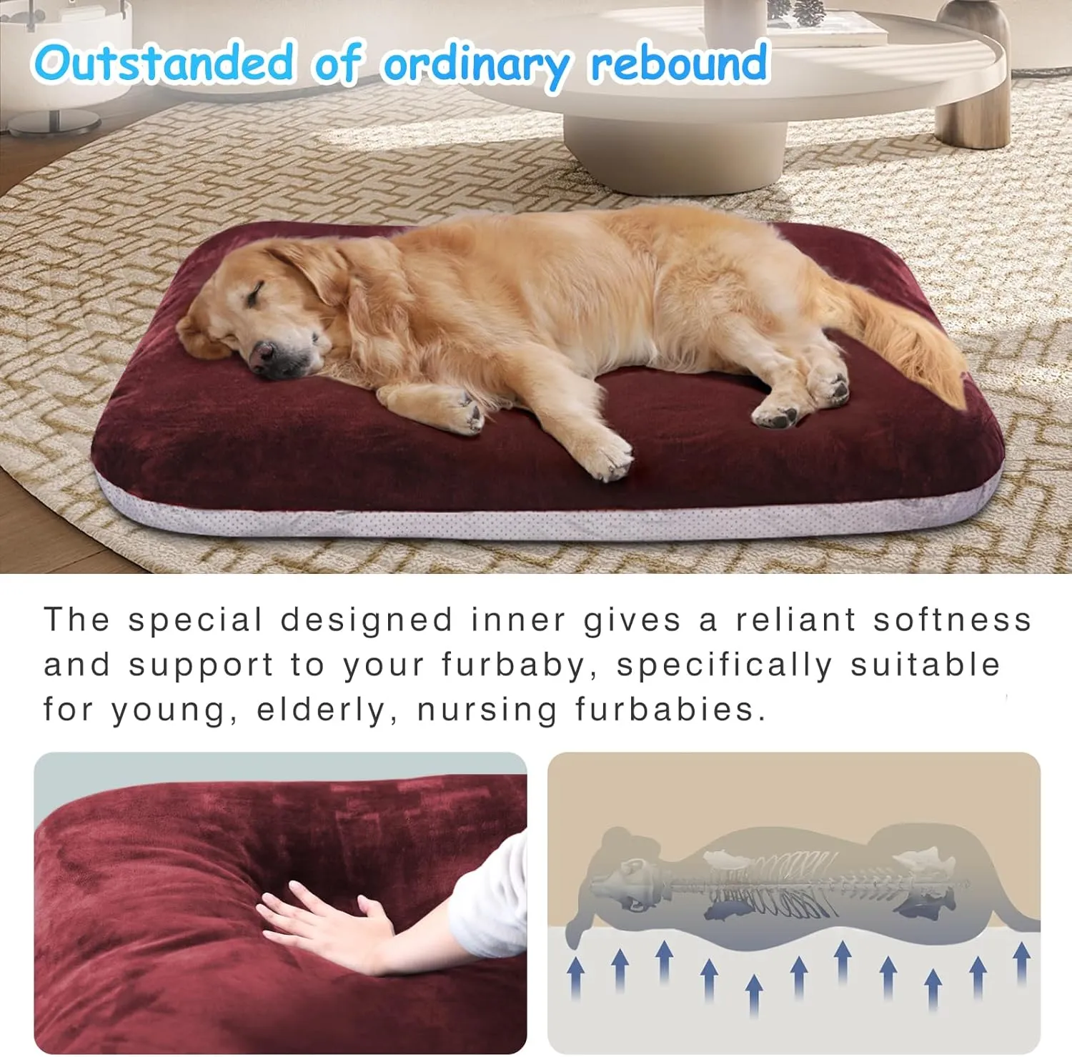 Magic Dog Super Soft Extra Large Dog Bed, 47 Inches Jumbo Orthopedic Foam Pet Beds with Anti Slip Bottom, Dog Sleeping Mattress with Removable and Washable Cover, Burgundy XL,47'' X 39'' X 3.7''