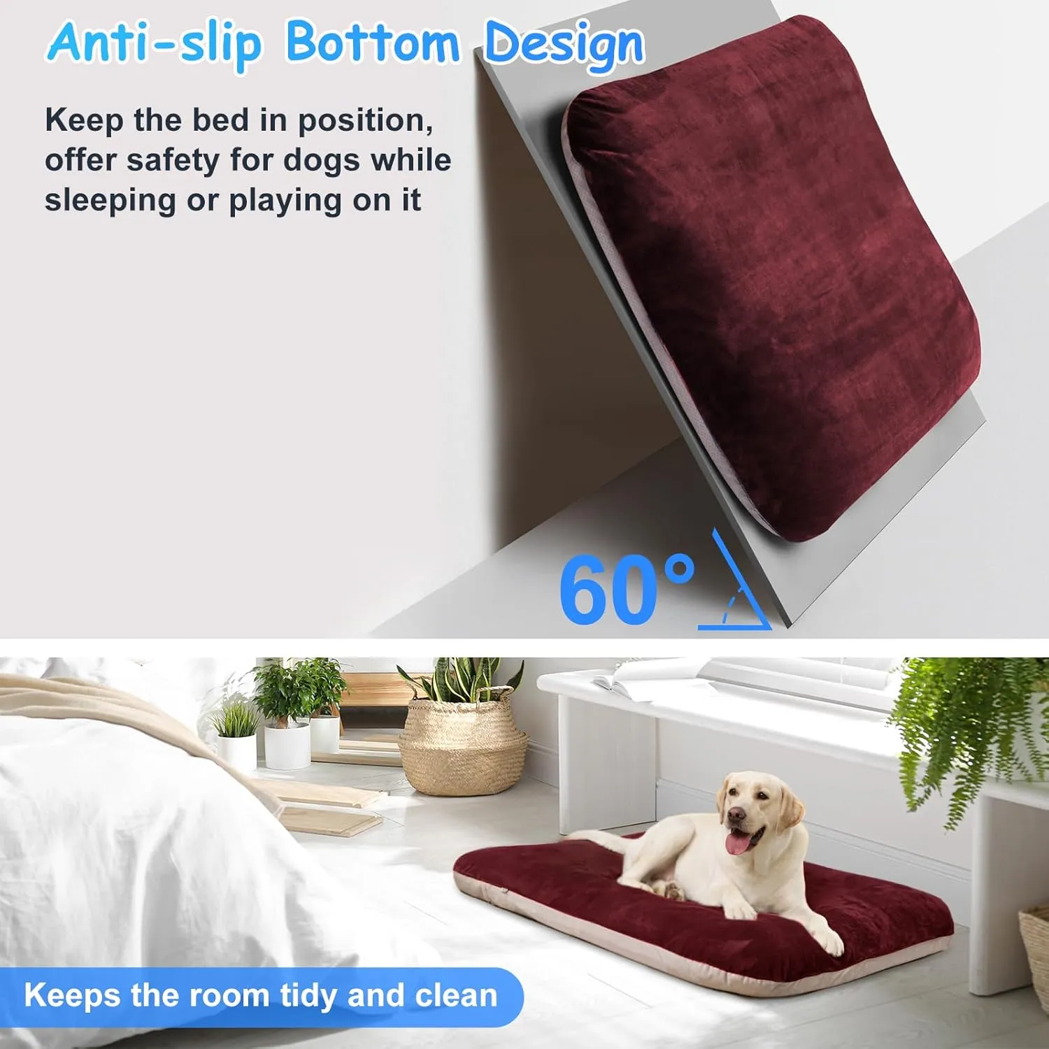 Magic Dog Super Soft Extra Large Dog Bed, 47 Inches Jumbo Orthopedic Foam Pet Beds with Anti Slip Bottom, Dog Sleeping Mattress with Removable and Washable Cover, Burgundy XL,47'' X 39'' X 3.7''