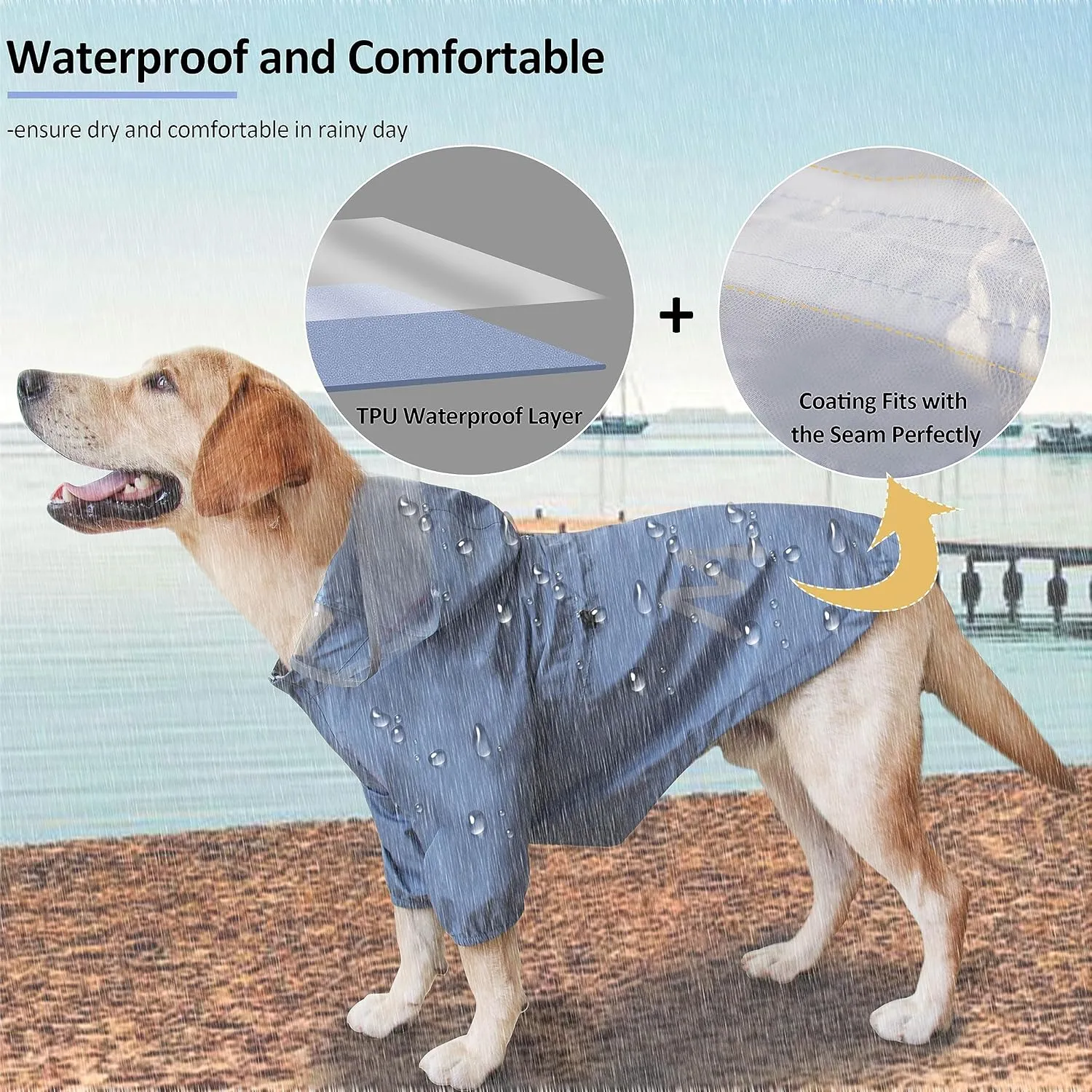 Mamore Dog Raincoat, Waterproof Jacket with Leash Hole, Lightweight Reflective Coat with Hood for Small & Medium Dogs (X-Large, Blue & Grey)