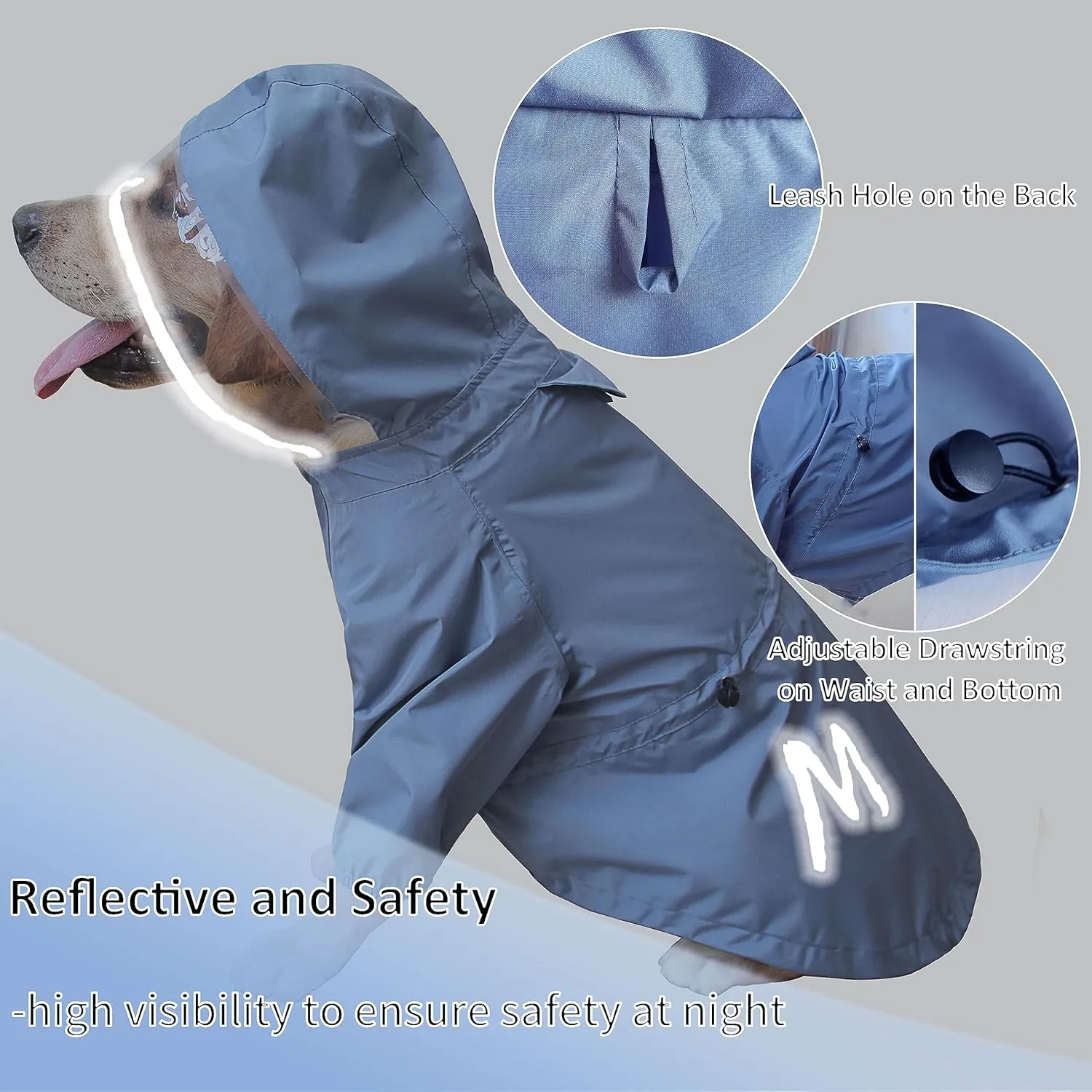 Mamore Dog Raincoat, Waterproof Jacket with Leash Hole, Lightweight Reflective Coat with Hood for Small & Medium Dogs (X-Large, Blue & Grey)