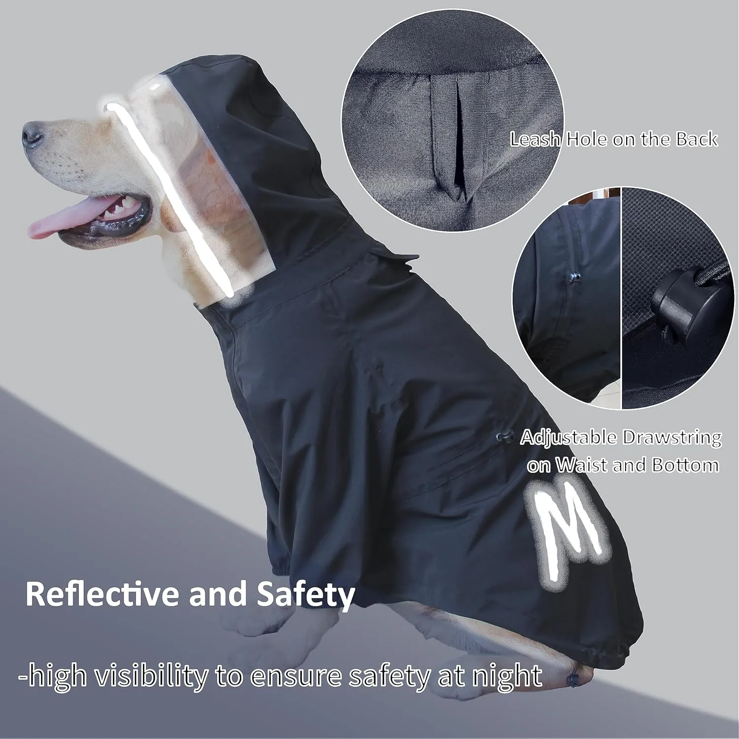MAMORE Raincoat for Dogs - Waterproof Rain Jacket With Leash Hole, Lightweight Adjustable Reflective Coat With Hood for Small and Medium Dogs (Large, Black)
