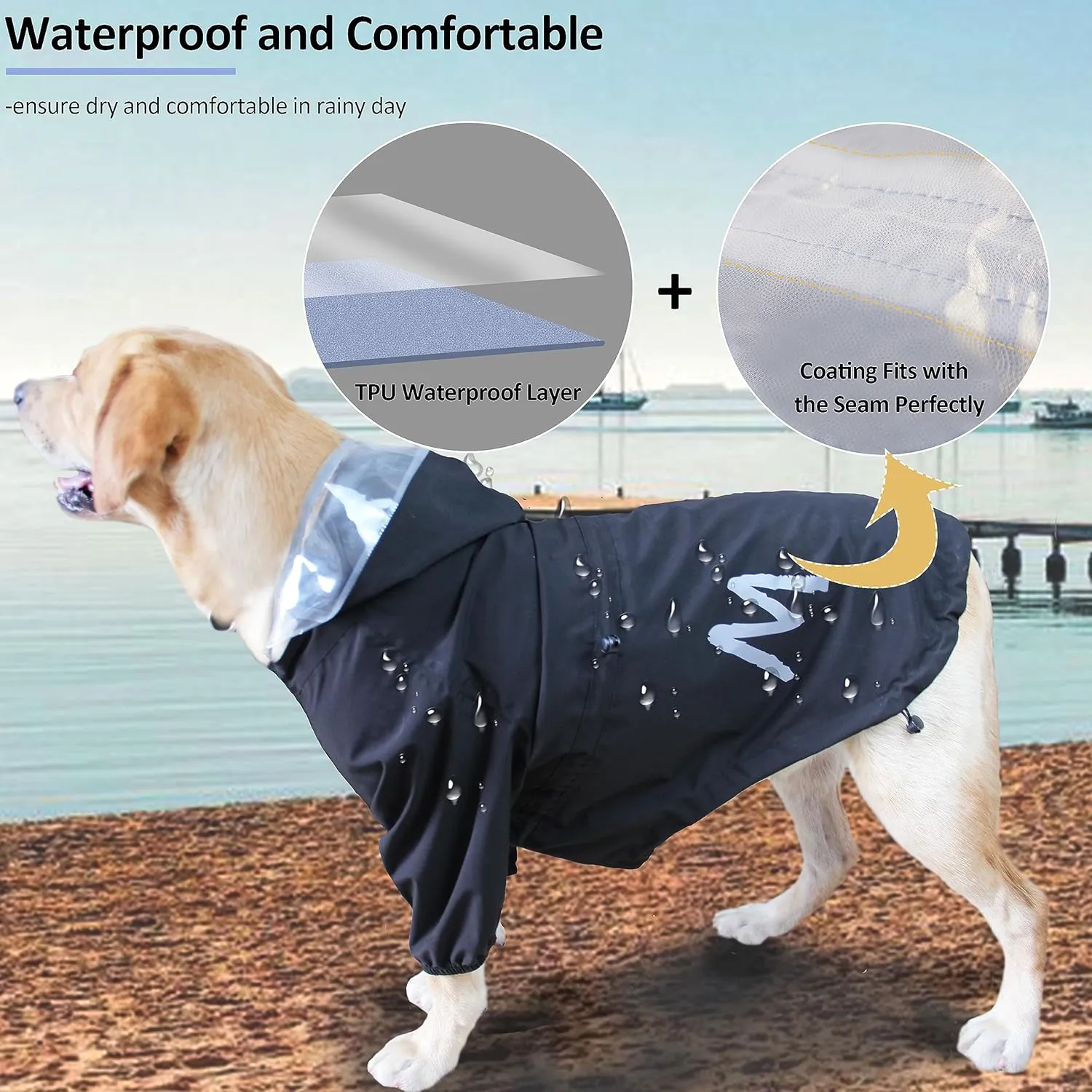 MAMORE Raincoat for Dogs - Waterproof Rain Jacket With Leash Hole, Lightweight Adjustable Reflective Coat With Hood for Small and Medium Dogs (Large, Black)