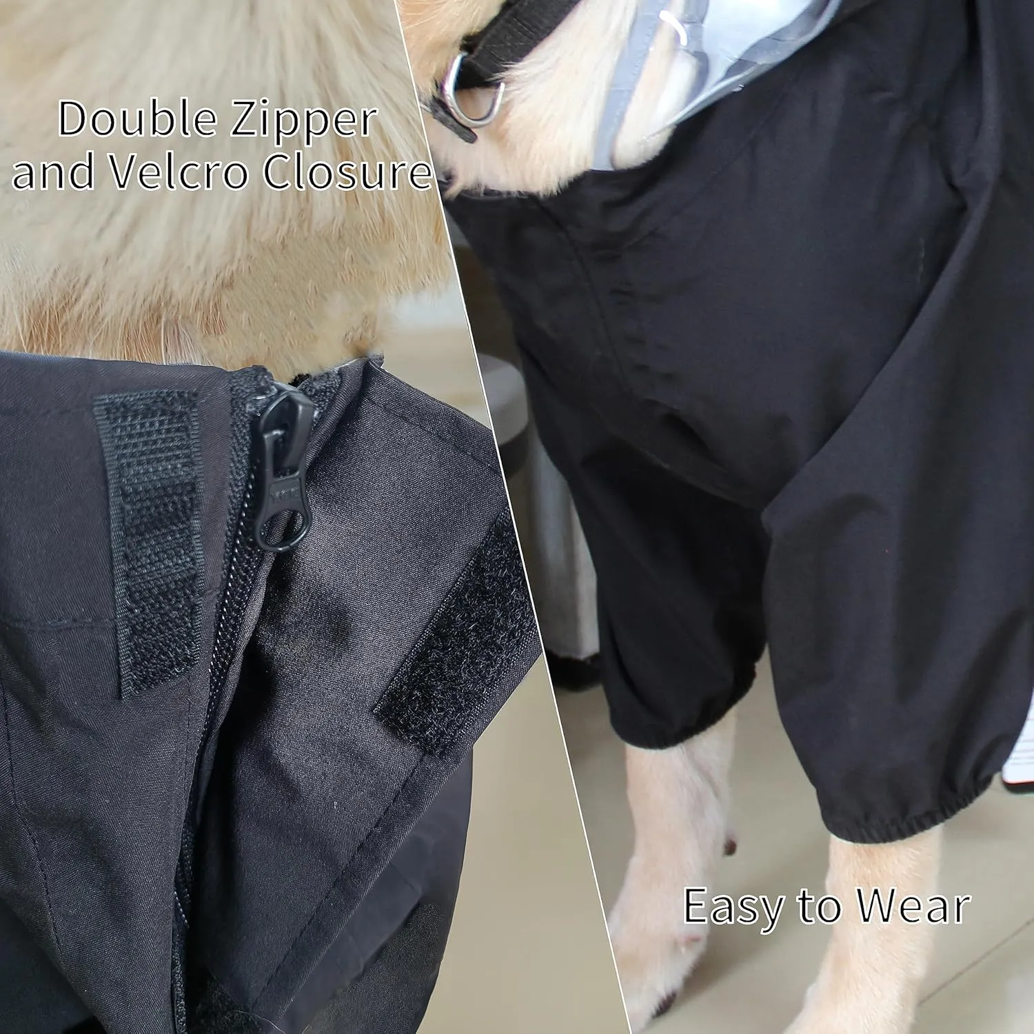 MAMORE Raincoat for Dogs - Waterproof Rain Jacket With Leash Hole, Lightweight Adjustable Reflective Coat With Hood for Small and Medium Dogs (Large, Black)