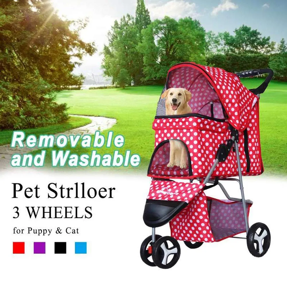 Pet Stroller Cart, One-Click Folding Removable Cat Dog Pushchair Trolley Travel Carrier 4 Wheels, Storage Basket, Front Swivel Wheels (Black)