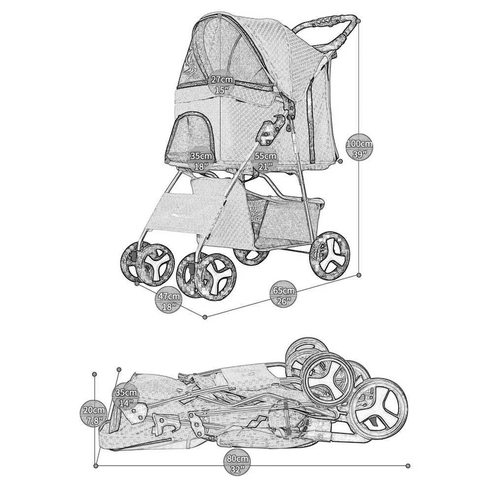 Pet Stroller Cart, One-Click Folding Removable Cat Dog Pushchair Trolley Travel Carrier 4 Wheels, Storage Basket, Front Swivel Wheels (Black)