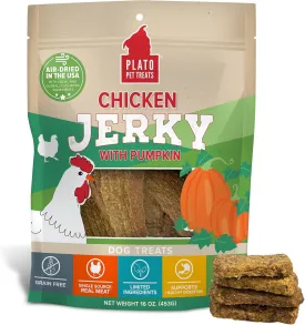PLATO Pet Treats Jerky Dog Treats - Air-Dried Jerky for Dogs - Delicious, Real Meat Dog Treats - Grain Free - Supports Healthy Digestion - Chicken Jerky with Pumpkin 16oz
