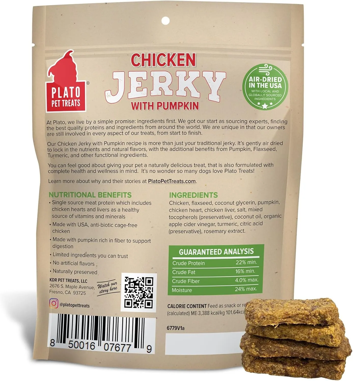 PLATO Pet Treats Jerky Dog Treats - Air-Dried Jerky for Dogs - Delicious, Real Meat Dog Treats - Grain Free - Supports Healthy Digestion - Chicken Jerky with Pumpkin 16oz