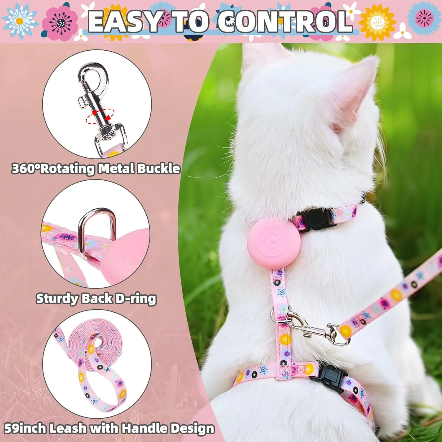 PUPTECK Cat Harness and Leash Set Escape Proof, Adjustable Soft Lightweight Kitten Harness with Airtag Holder for Small Medium Cats Walking, Pink Flower