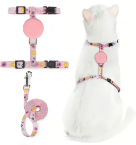 PUPTECK Cat Harness and Leash Set Escape Proof, Adjustable Soft Lightweight Kitten Harness with Airtag Holder for Small Medium Cats Walking, Pink Flower