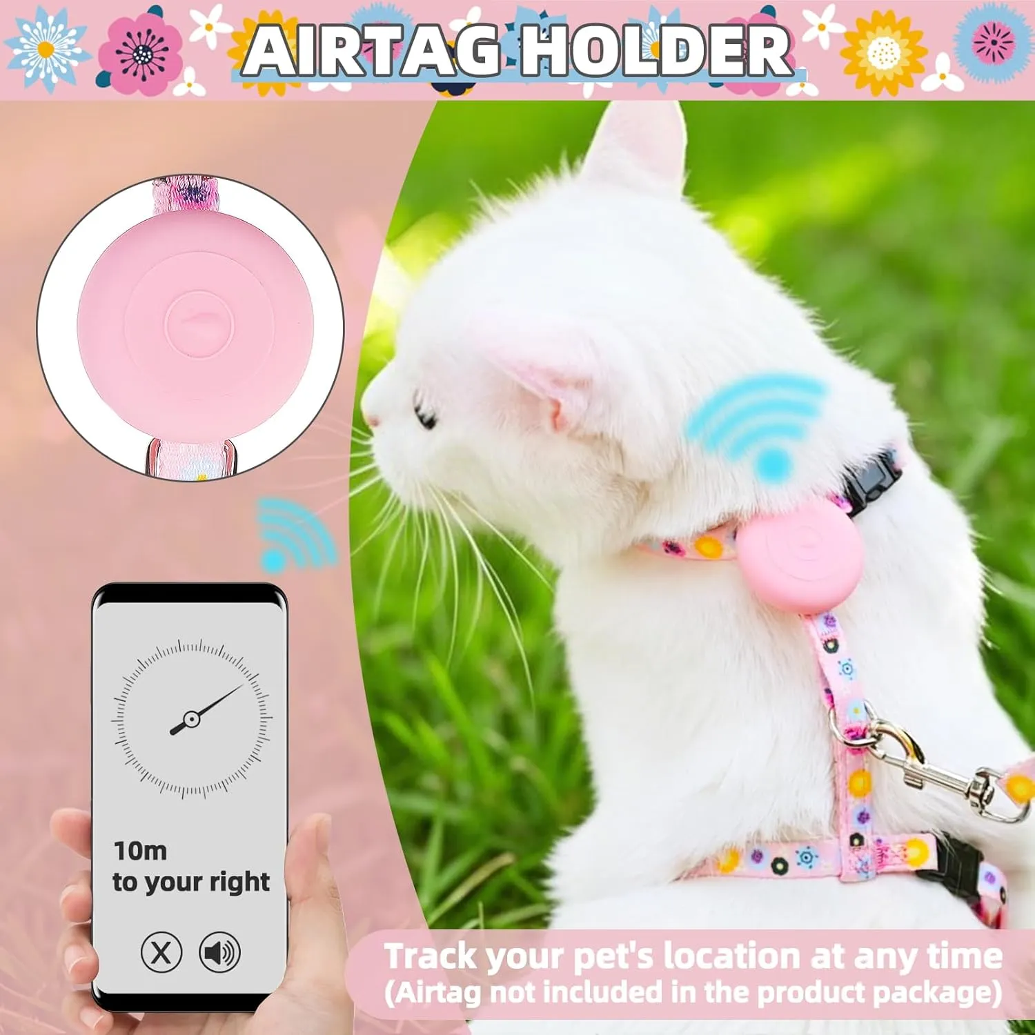PUPTECK Cat Harness and Leash Set Escape Proof, Adjustable Soft Lightweight Kitten Harness with Airtag Holder for Small Medium Cats Walking, Pink Flower