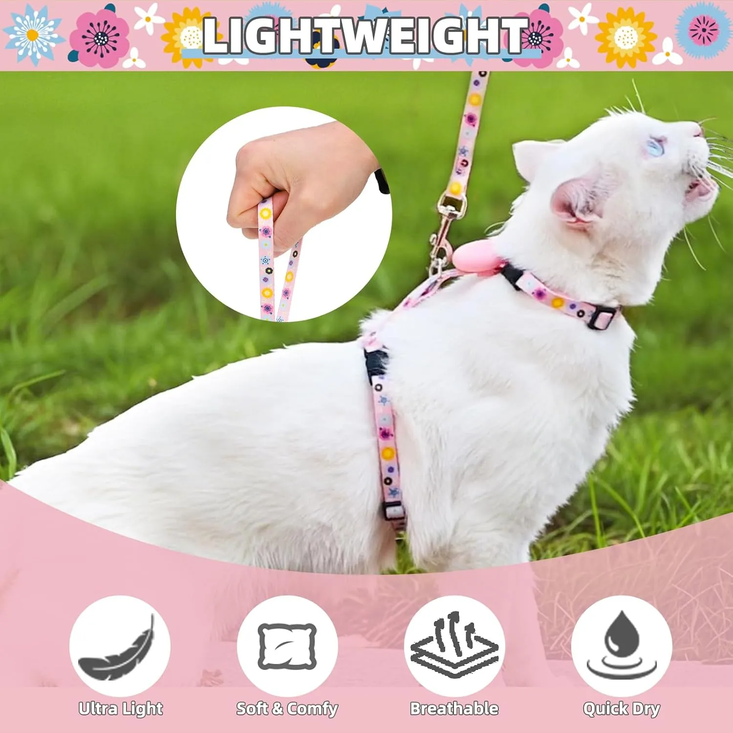 PUPTECK Cat Harness and Leash Set Escape Proof, Adjustable Soft Lightweight Kitten Harness with Airtag Holder for Small Medium Cats Walking, Pink Flower