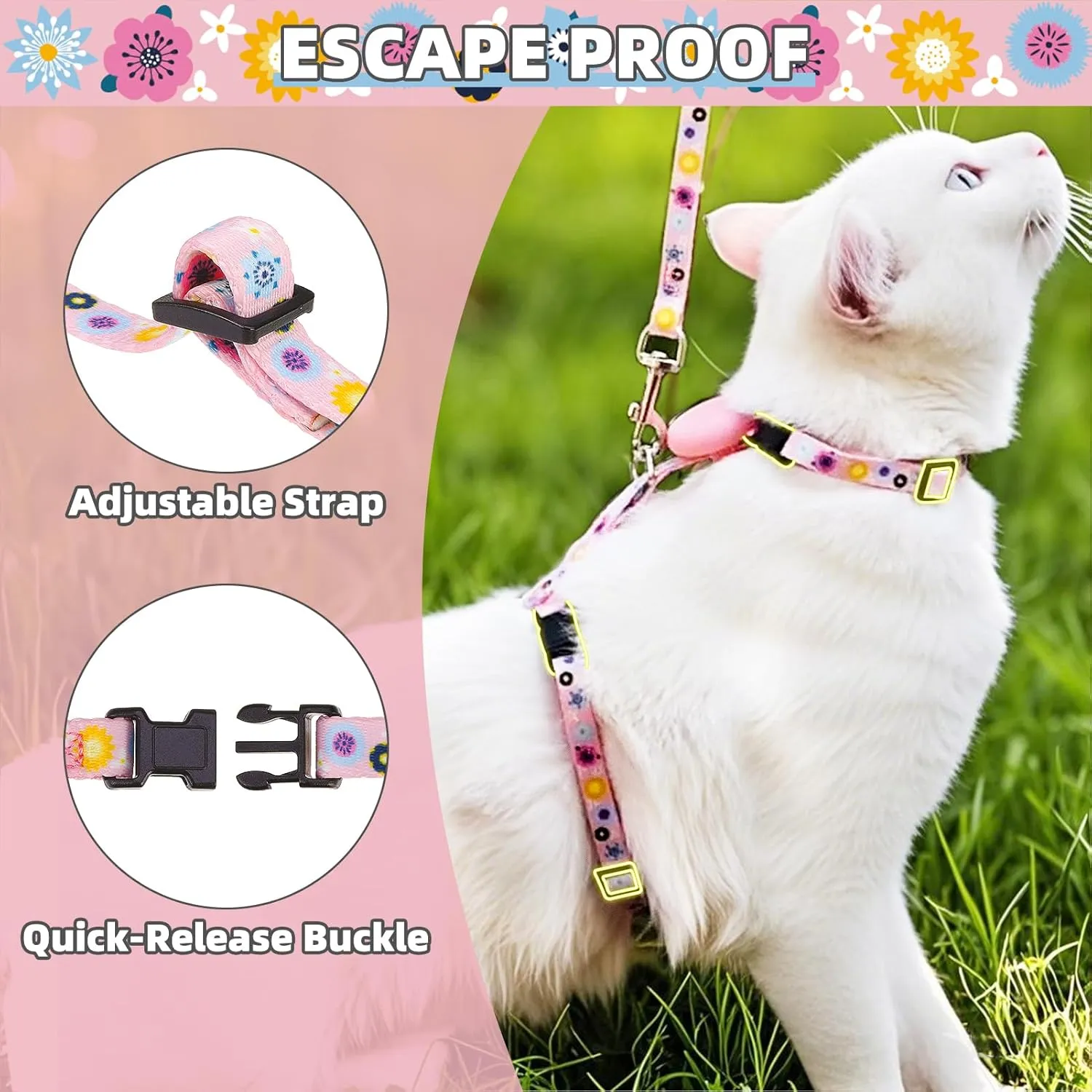PUPTECK Cat Harness and Leash Set Escape Proof, Adjustable Soft Lightweight Kitten Harness with Airtag Holder for Small Medium Cats Walking, Pink Flower