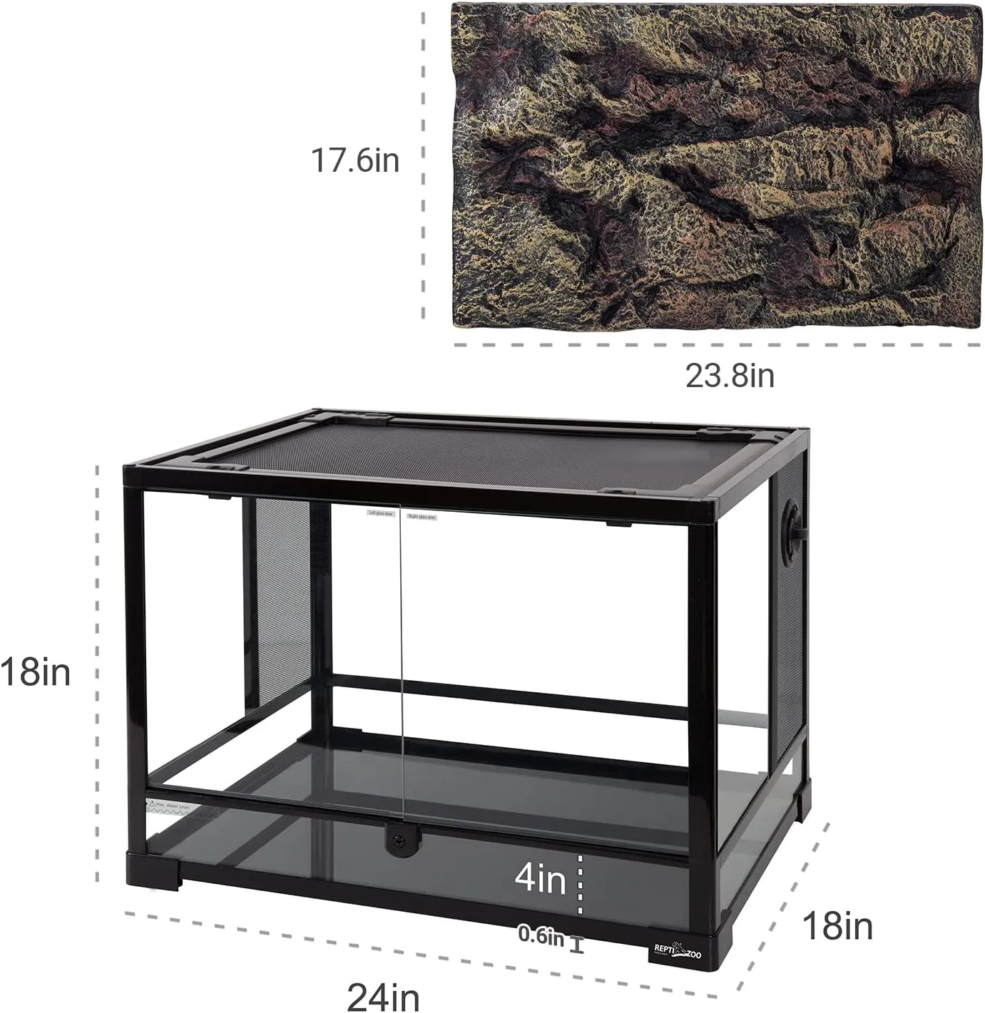 REPTI ZOO 34 Gallon Large Reptile Glass Terrarium Tank with Foam Backgrounds,Double Hinge Door with Screen Ventilation Reptile Terrarium 24" x 18" x 18"(Knock-Down)