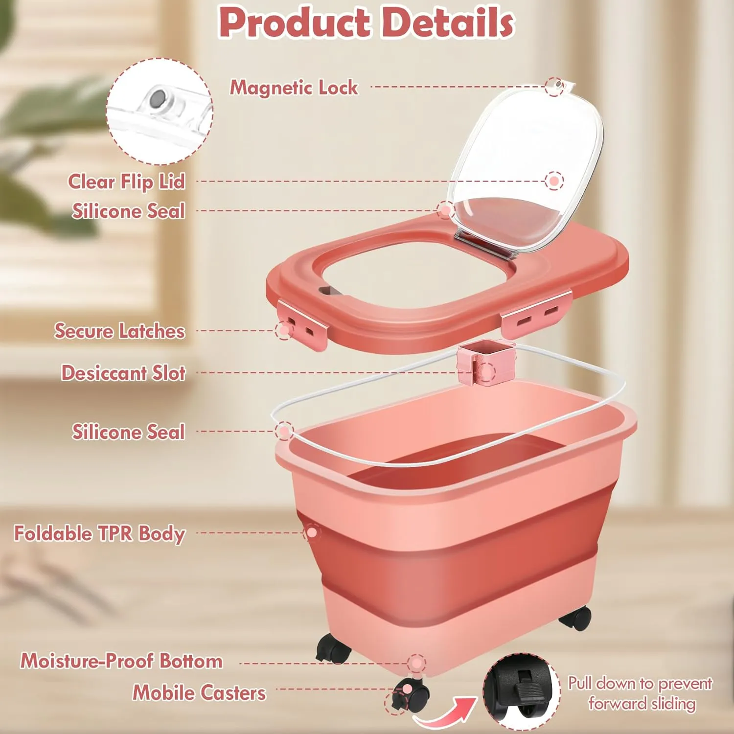 Rice Storage Container, 20Lbs Flour Container, Airtight Large Pet Dog Cat Food Storage Dispenser Bin with Wheels, Scoop & Measuring Cup, Collapsible Kitchen Dry Food Holder for Rice Cereal Kibble