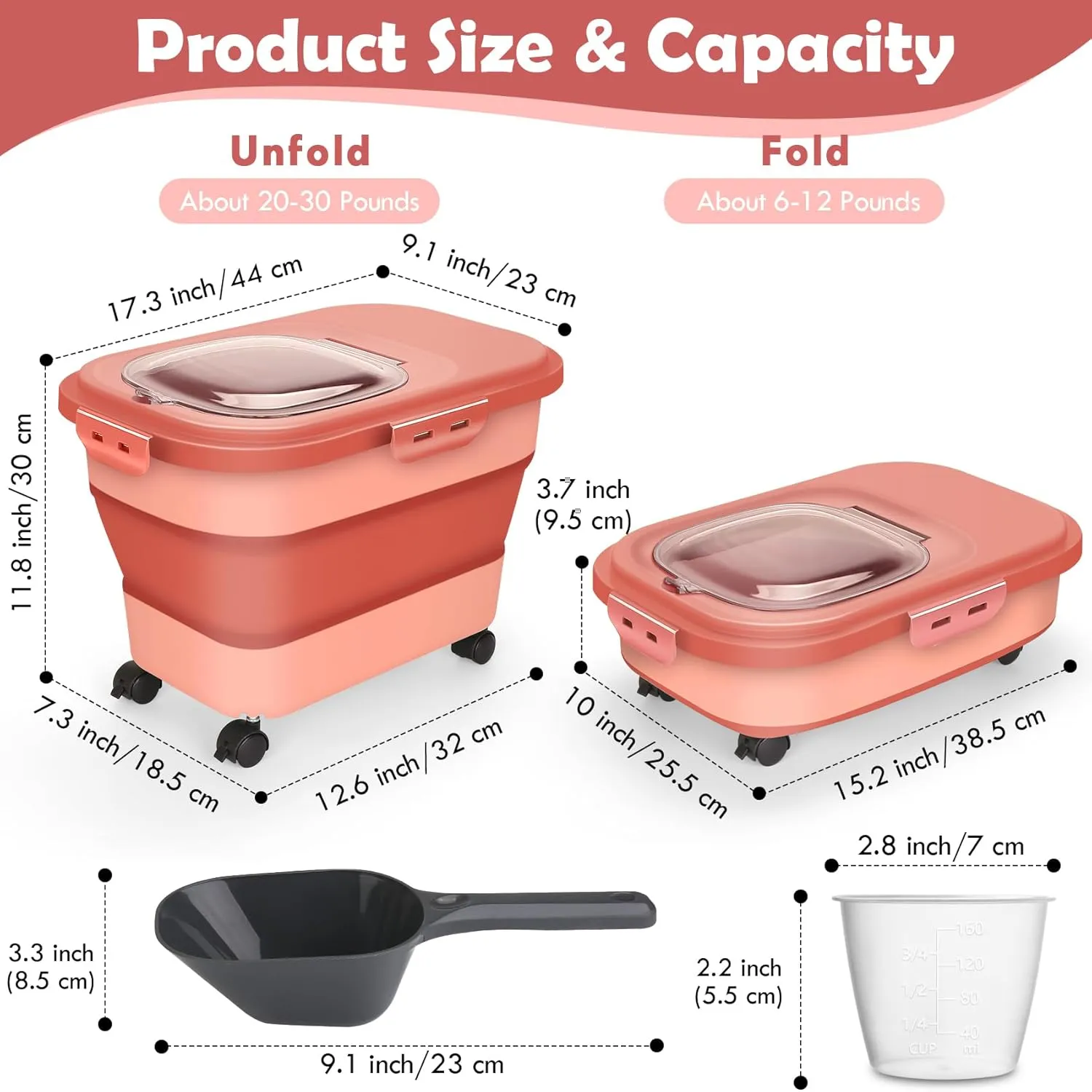 Rice Storage Container, 20Lbs Flour Container, Airtight Large Pet Dog Cat Food Storage Dispenser Bin with Wheels, Scoop & Measuring Cup, Collapsible Kitchen Dry Food Holder for Rice Cereal Kibble