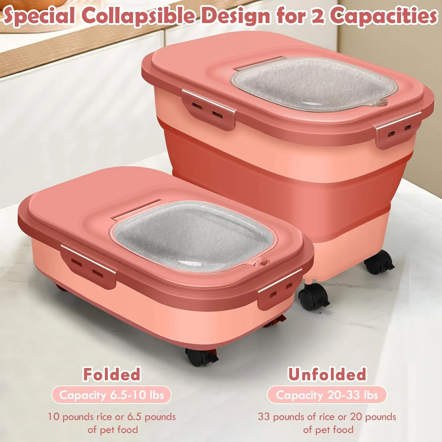 Rice Storage Container, 20Lbs Flour Container, Airtight Large Pet Dog Cat Food Storage Dispenser Bin with Wheels, Scoop & Measuring Cup, Collapsible Kitchen Dry Food Holder for Rice Cereal Kibble