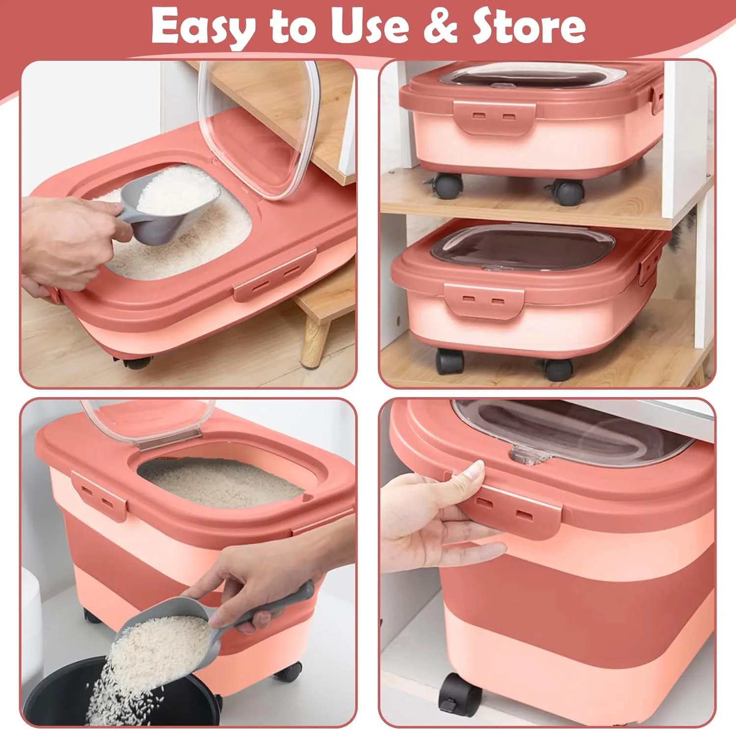 Rice Storage Container, 20Lbs Flour Container, Airtight Large Pet Dog Cat Food Storage Dispenser Bin with Wheels, Scoop & Measuring Cup, Collapsible Kitchen Dry Food Holder for Rice Cereal Kibble