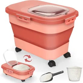 Rice Storage Container, 20Lbs Flour Container, Airtight Large Pet Dog Cat Food Storage Dispenser Bin with Wheels, Scoop & Measuring Cup, Collapsible Kitchen Dry Food Holder for Rice Cereal Kibble