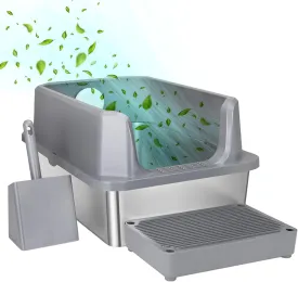 RIZZARI Stainless Steel Cat Litter Box, Anti-Leakage & Odorless, Semi-Enclosed Litter Box with Raised Edges for Small to Large Sized Cats (Dark Gray, 24" L*16" W*12" H)