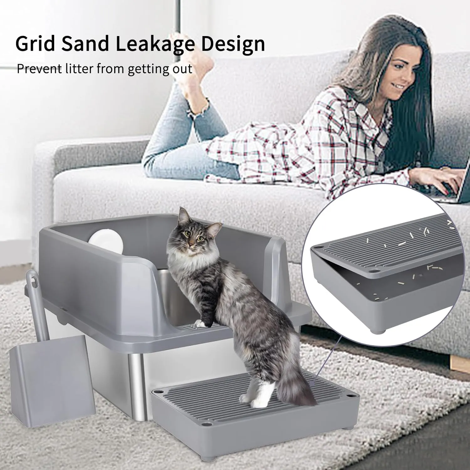 RIZZARI Stainless Steel Cat Litter Box, Anti-Leakage & Odorless, Semi-Enclosed Litter Box with Raised Edges for Small to Large Sized Cats (Dark Gray, 24" L*16" W*12" H)