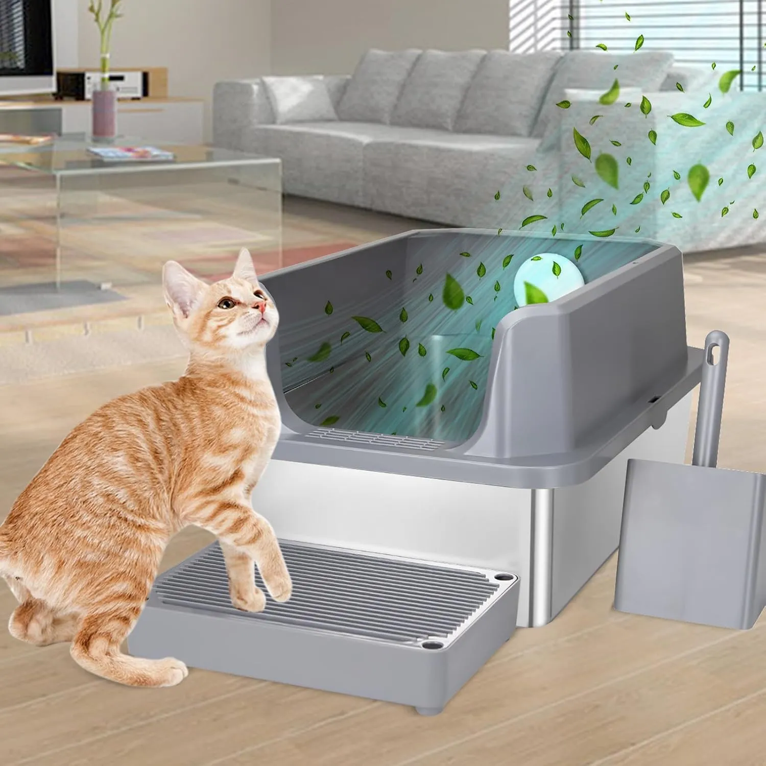 RIZZARI Stainless Steel Cat Litter Box, Anti-Leakage & Odorless, Semi-Enclosed Litter Box with Raised Edges for Small to Large Sized Cats (Dark Gray, 24" L*16" W*12" H)