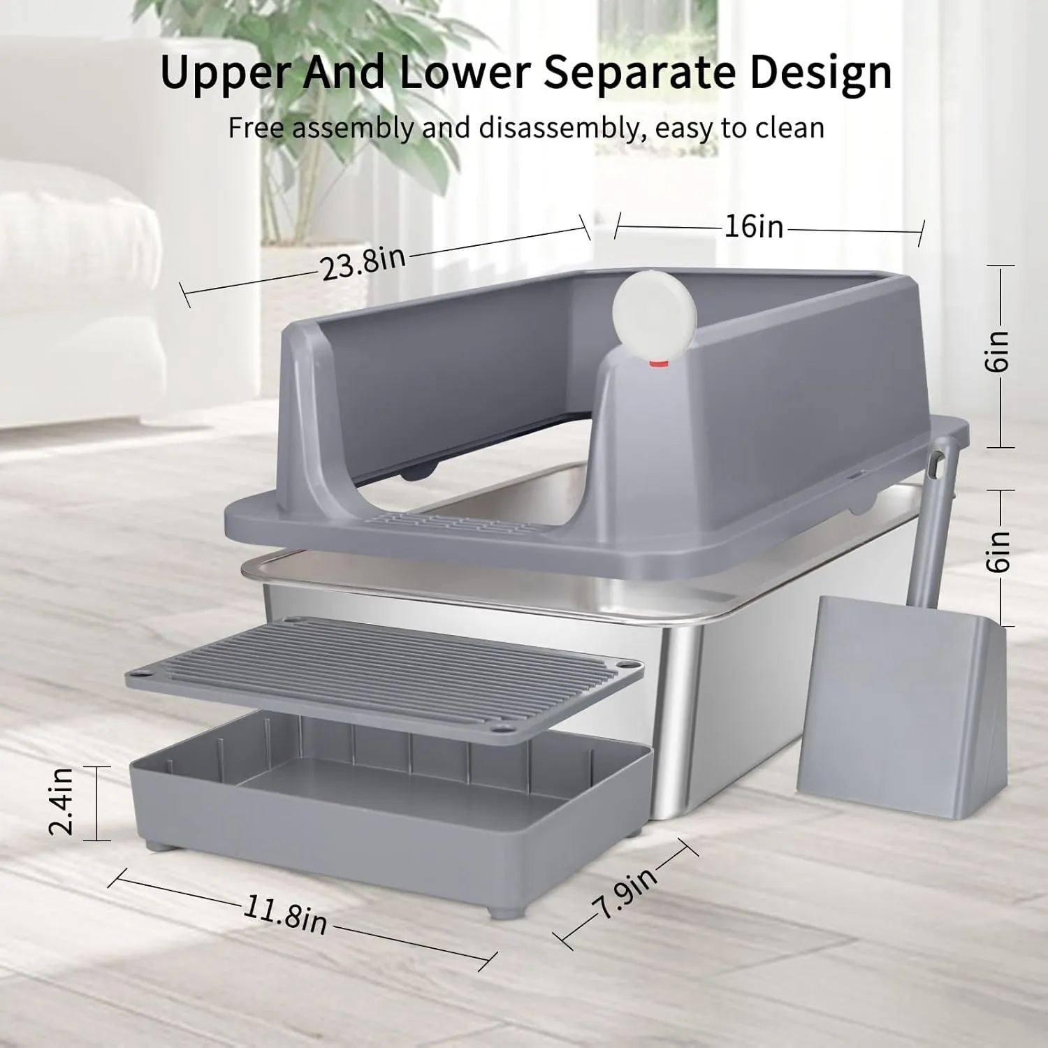RIZZARI Stainless Steel Cat Litter Box, Anti-Leakage & Odorless, Semi-Enclosed Litter Box with Raised Edges for Small to Large Sized Cats (Dark Gray, 24" L*16" W*12" H)