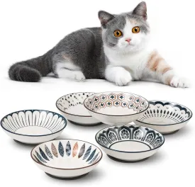 Small Ceramic Cat Food Bowl - Wide Shallow Cat Bowl with Non-Slip Mat - Whisker Friendly Cat Feeding Bowls - Japanese Style Cute Cat Dish - Cat Plates - Dishwasher Safe - Set of 6-8.5 oz - 5.75 inch