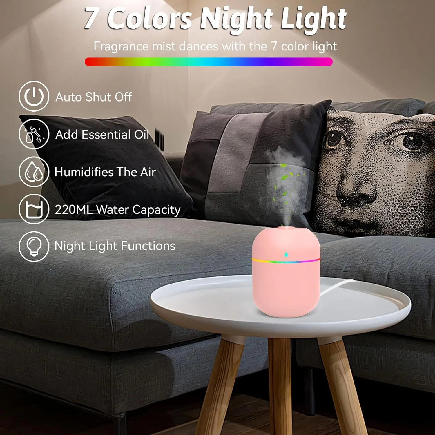Small Essential Oil Diffuser, 220ml Aromatherapy Diffusers for Home Fragrance Aroma Diffuser with 7 LED Color Night Light and Auto-Off Aromatherapy Mist Diffusers Desk Humidifiers for Bedroom Pink