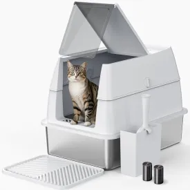 Stainless Steel Litter Box with Lid XL Extra Large Metal Cat Litter Boxs for Big Cats Enclosed, Easy to Scoop, with Litter Scoop Set, High Sides Enclosure Anti-Urine Leakage Non-Sticky