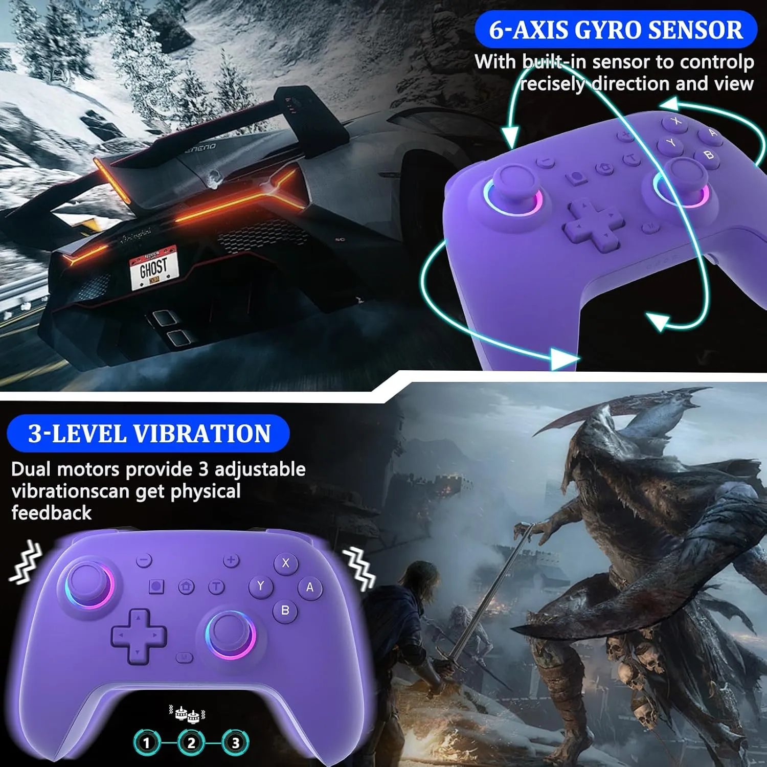 SZYUYU Switch Controller for Switch,Switch Pro Controller for Switch/OLED/Lite/PC with 7 Colors LED Light/3-level TURBO Adjustable,4-Speed Dual Vibration,Support Wake Up and Gyro Axis Motion