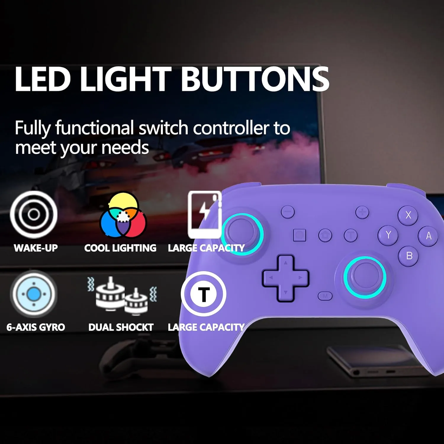 SZYUYU Switch Controller for Switch,Switch Pro Controller for Switch/OLED/Lite/PC with 7 Colors LED Light/3-level TURBO Adjustable,4-Speed Dual Vibration,Support Wake Up and Gyro Axis Motion