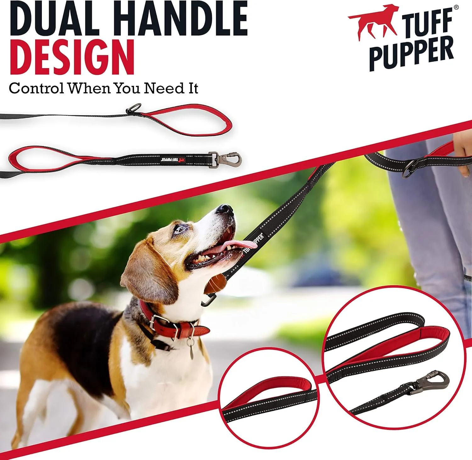 Tuff Pupper Heavy Duty Double Handle Leash | Twist Locking Carabiner Clip | Safety Lock for Strong Dogs | Reflective for Safe Night Walks | 6 Foot Leash | For Medium & Large Dogs