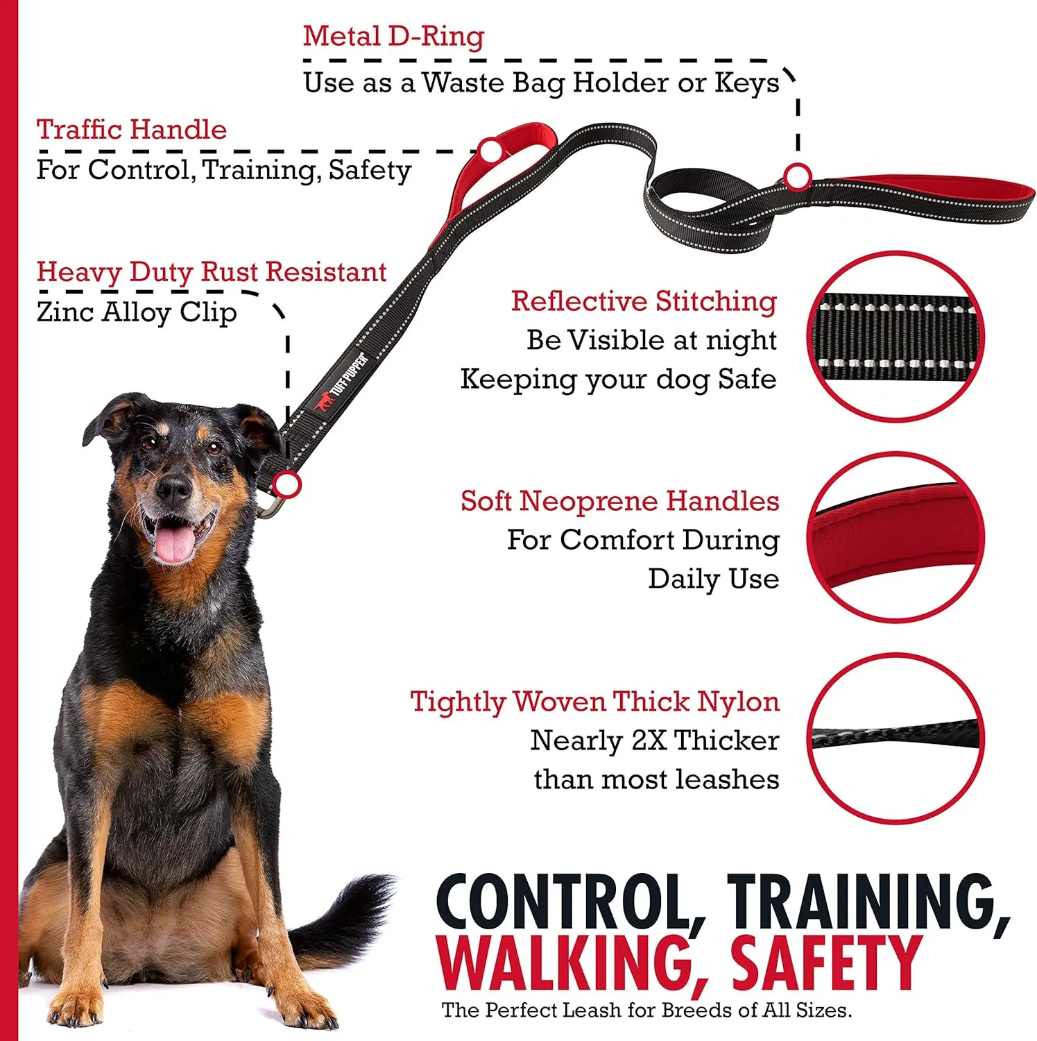 Tuff Pupper Heavy Duty Double Handle Leash | Twist Locking Carabiner Clip | Safety Lock for Strong Dogs | Reflective for Safe Night Walks | 6 Foot Leash | For Medium & Large Dogs