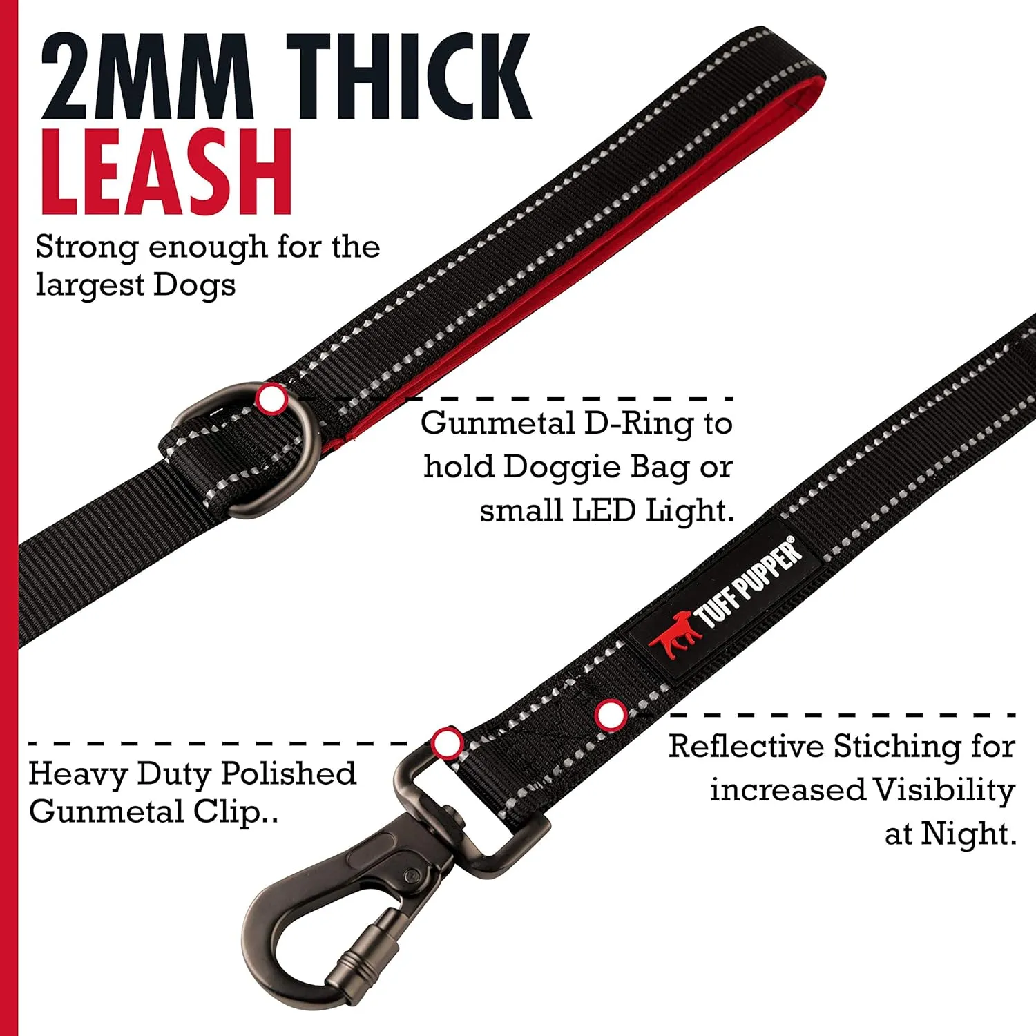 Tuff Pupper Heavy Duty Double Handle Leash | Twist Locking Carabiner Clip | Safety Lock for Strong Dogs | Reflective for Safe Night Walks | 6 Foot Leash | For Medium & Large Dogs