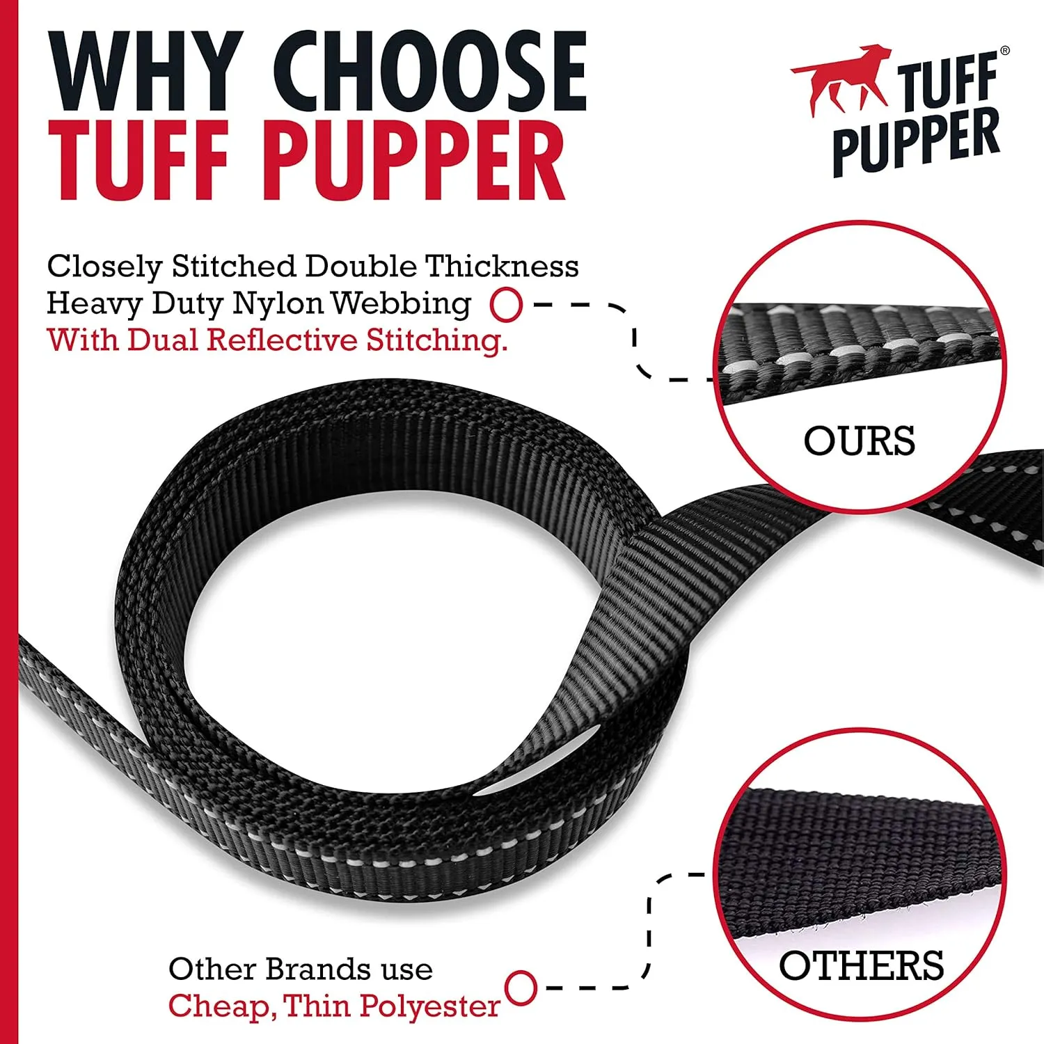 Tuff Pupper Heavy Duty Double Handle Leash | Twist Locking Carabiner Clip | Safety Lock for Strong Dogs | Reflective for Safe Night Walks | 6 Foot Leash | For Medium & Large Dogs