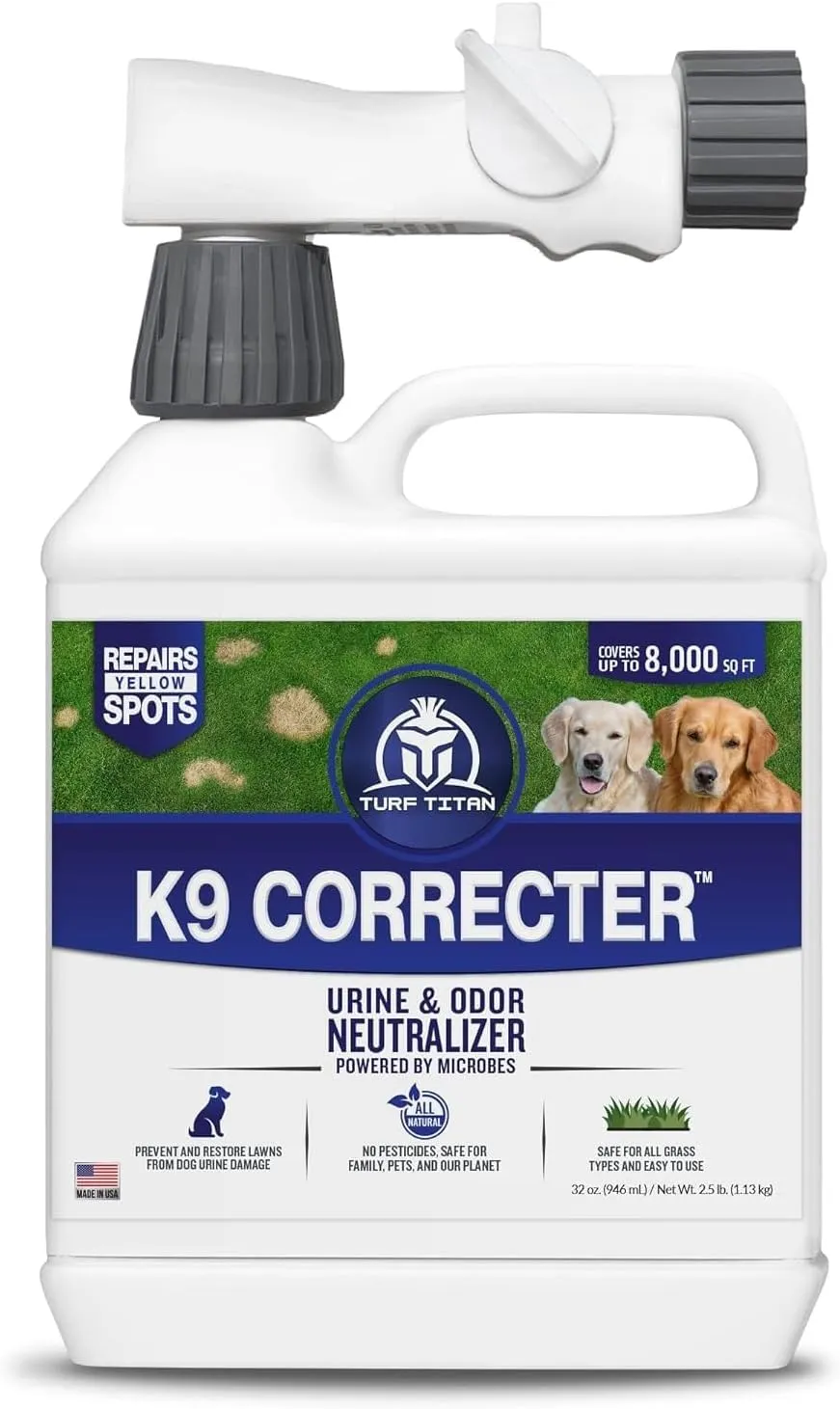 Turf Titan K9 Correcter w/Hose End Dog Urine Neutralizer for Lawn (32 oz)  Urine Neutralizer For Dogs to Revive your Lawn  Lawn Care Solution for Green, Odor-Free Lawn  Covers Up to 8,000 Sq Ft
