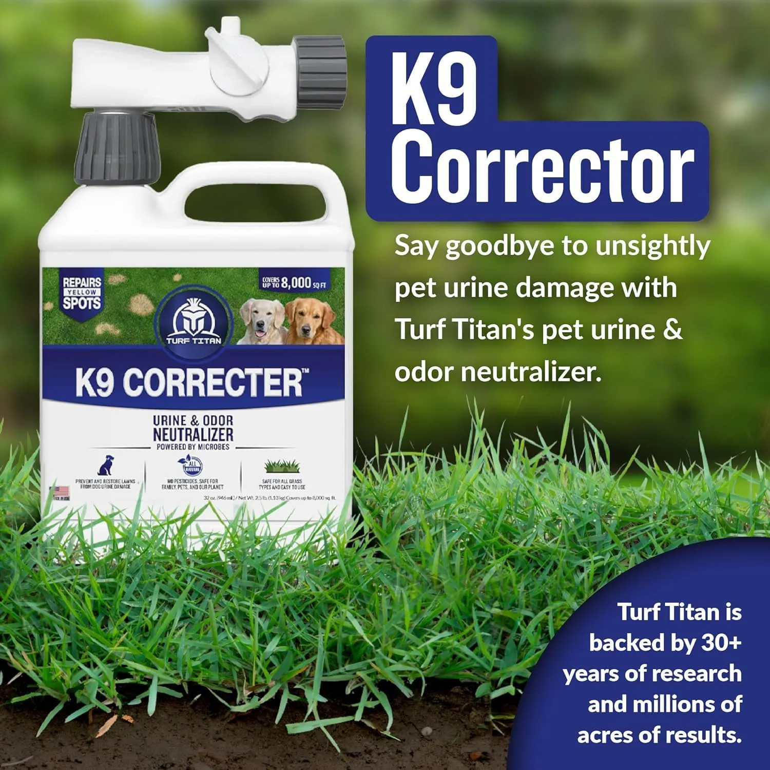 Turf Titan K9 Correcter w/Hose End Dog Urine Neutralizer for Lawn (32 oz)  Urine Neutralizer For Dogs to Revive your Lawn  Lawn Care Solution for Green, Odor-Free Lawn  Covers Up to 8,000 Sq Ft